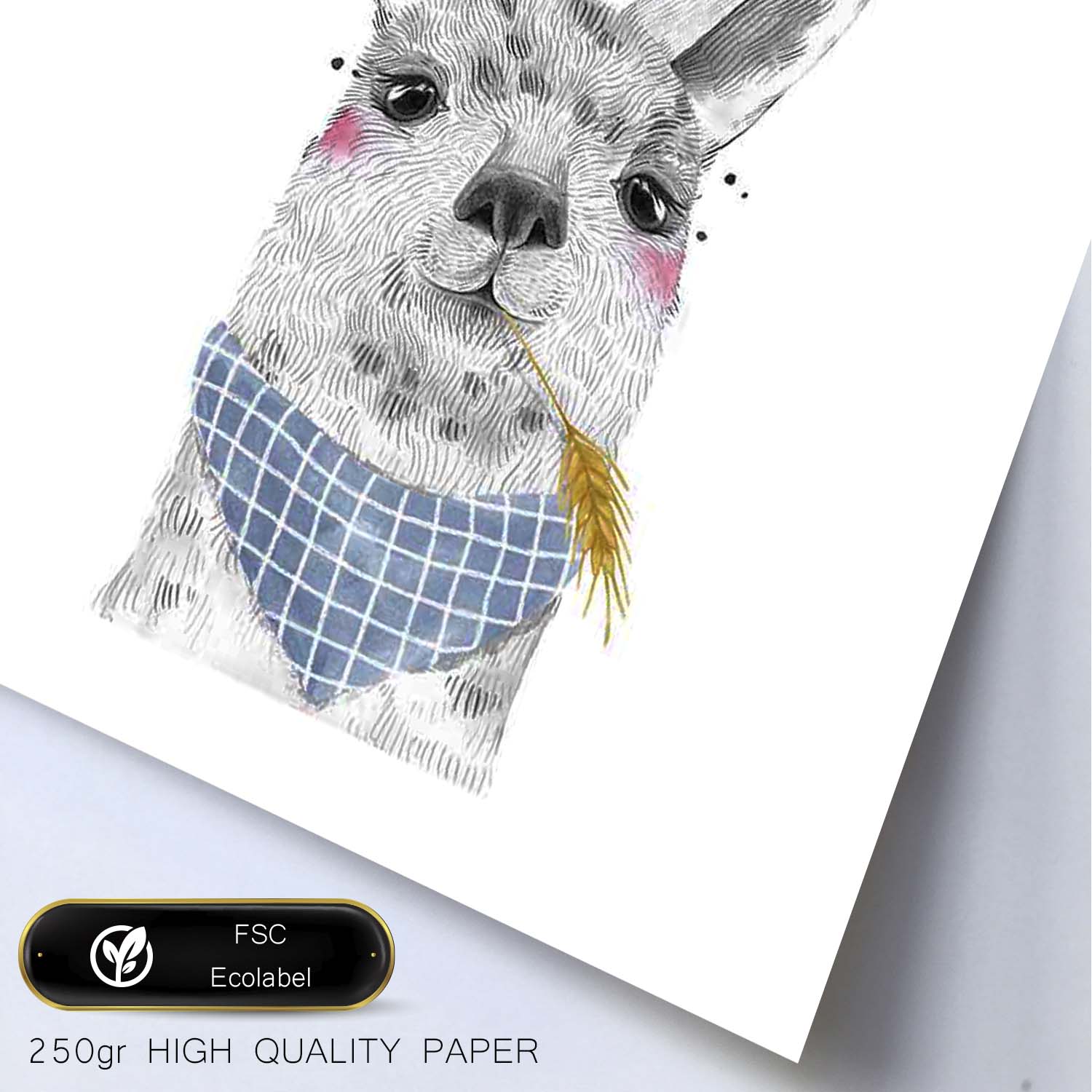 Lámina infantil Alpaca con pañuelo azul comiendo trigo Poster de animales en-Artwork-Nacnic-Nacnic Estudio SL