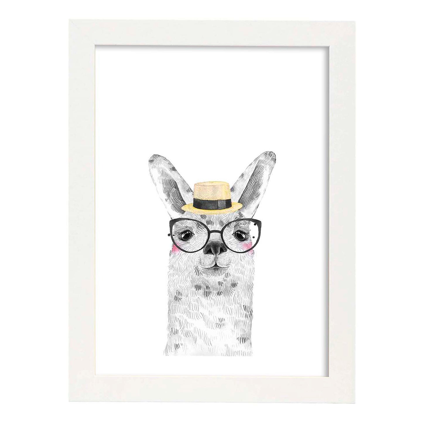 Lámina infantil Alpaca con sombrero de paja y gafas Poster de animales en-Artwork-Nacnic-A4-Marco Blanco-Nacnic Estudio SL