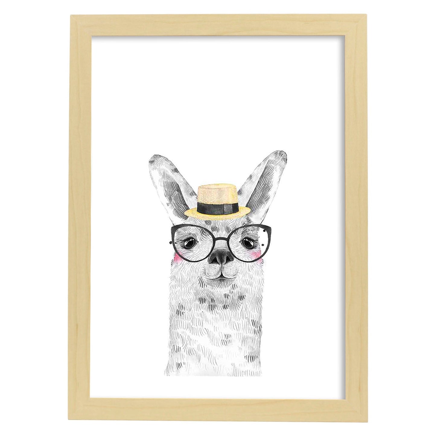 Lámina infantil Alpaca con sombrero de paja y gafas Poster de animales en-Artwork-Nacnic-A4-Marco Madera clara-Nacnic Estudio SL
