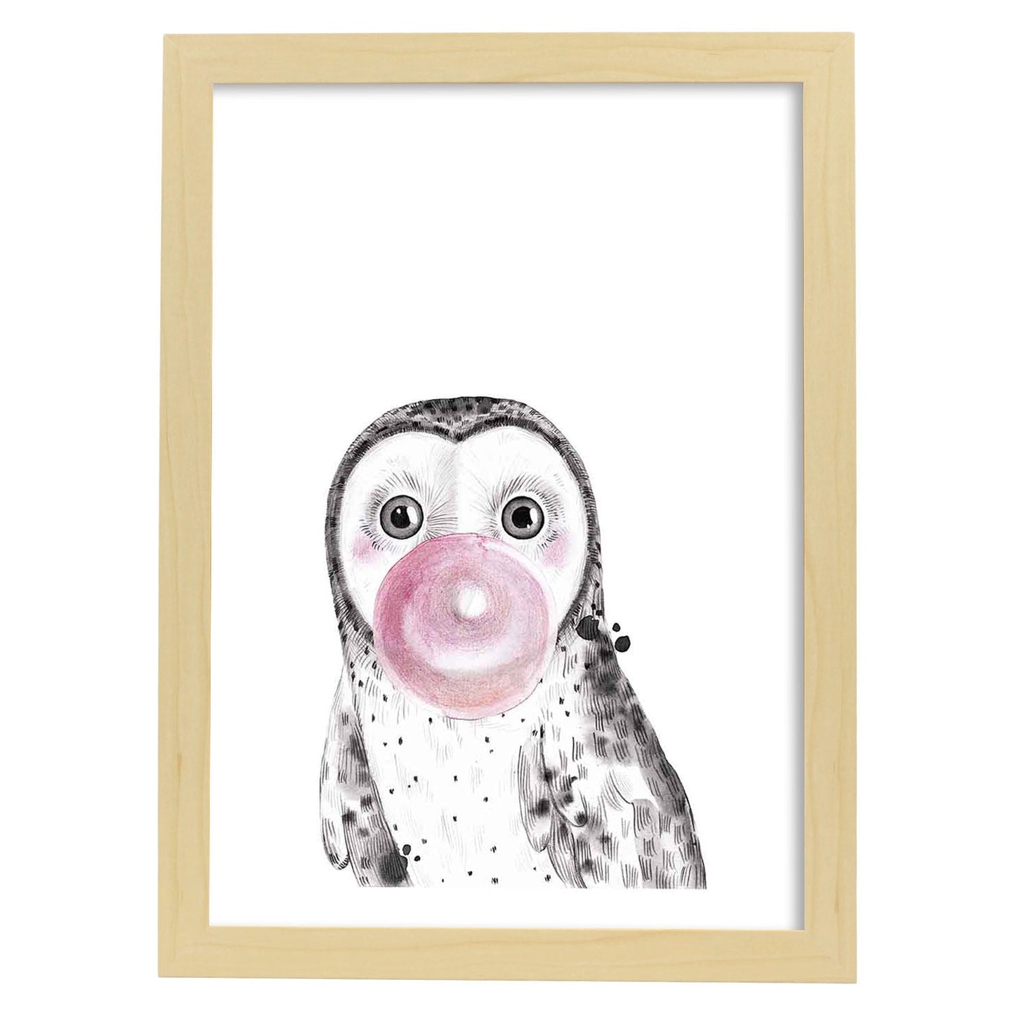 Lámina infantil Buho bebe comiendo chicle Poster animales infantiles-Artwork-Nacnic-A3-Marco Madera clara-Nacnic Estudio SL