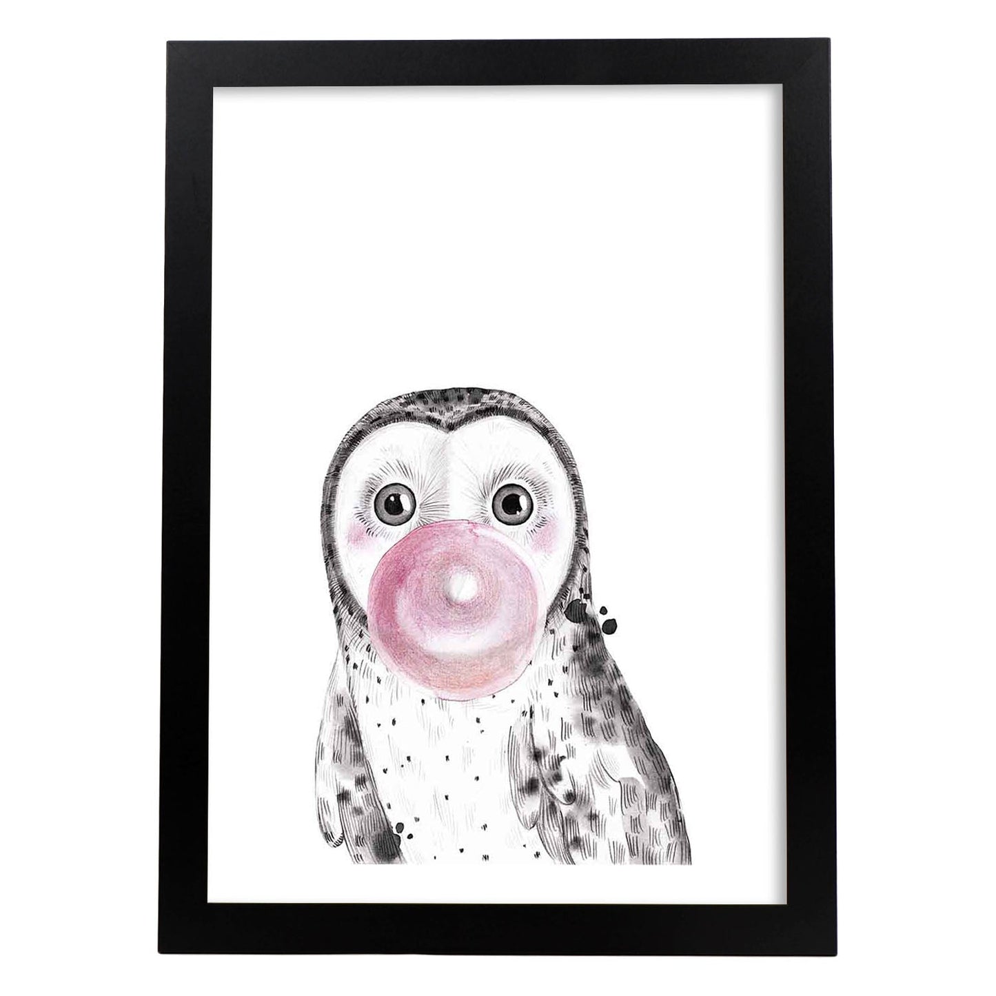 Lámina infantil Buho bebe comiendo chicle Poster animales infantiles-Artwork-Nacnic-A4-Marco Negro-Nacnic Estudio SL