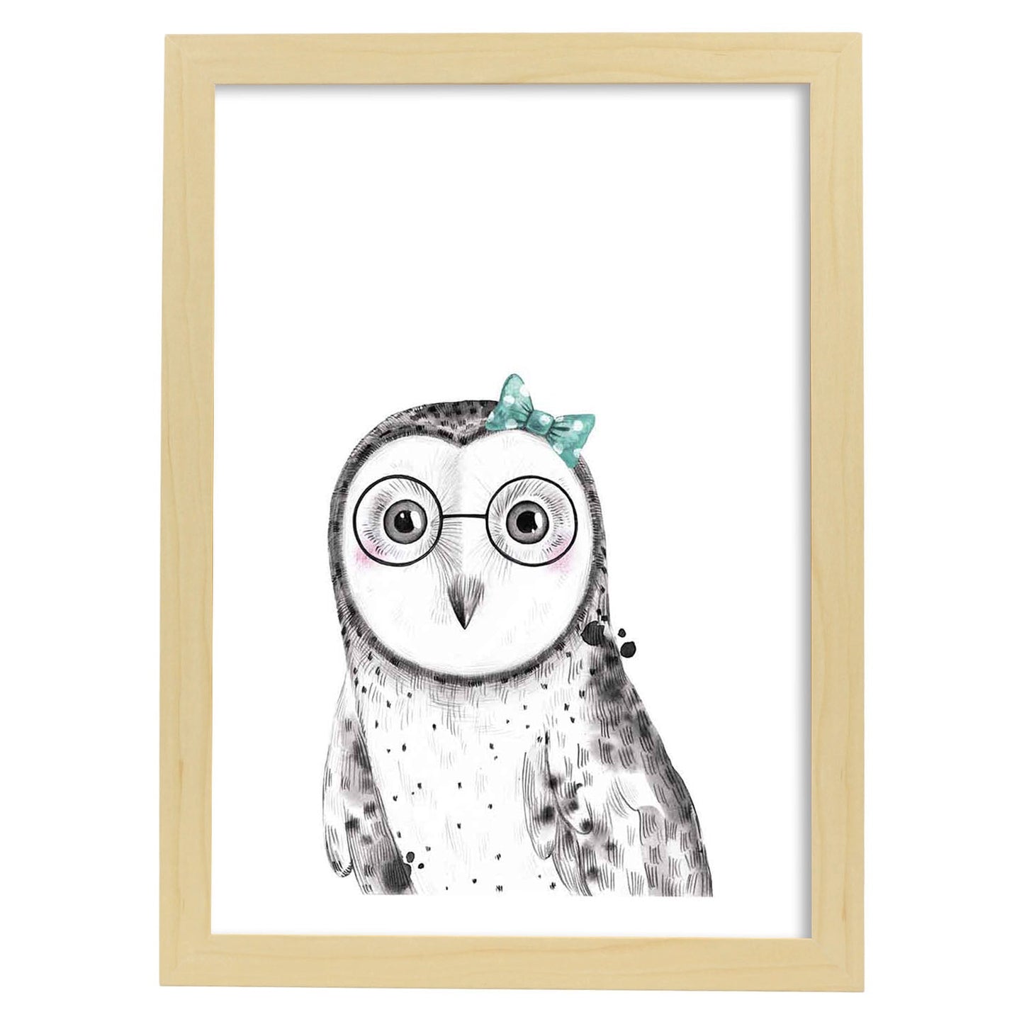 Lámina infantil Buho bebe con gafas y lazo azul Poster animales infantiles-Artwork-Nacnic-A4-Marco Madera clara-Nacnic Estudio SL