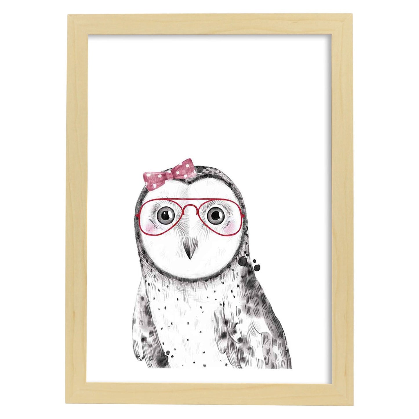 Lámina infantil Buho bebe con gafas y lazo Poster animales infantiles-Artwork-Nacnic-A3-Marco Madera clara-Nacnic Estudio SL