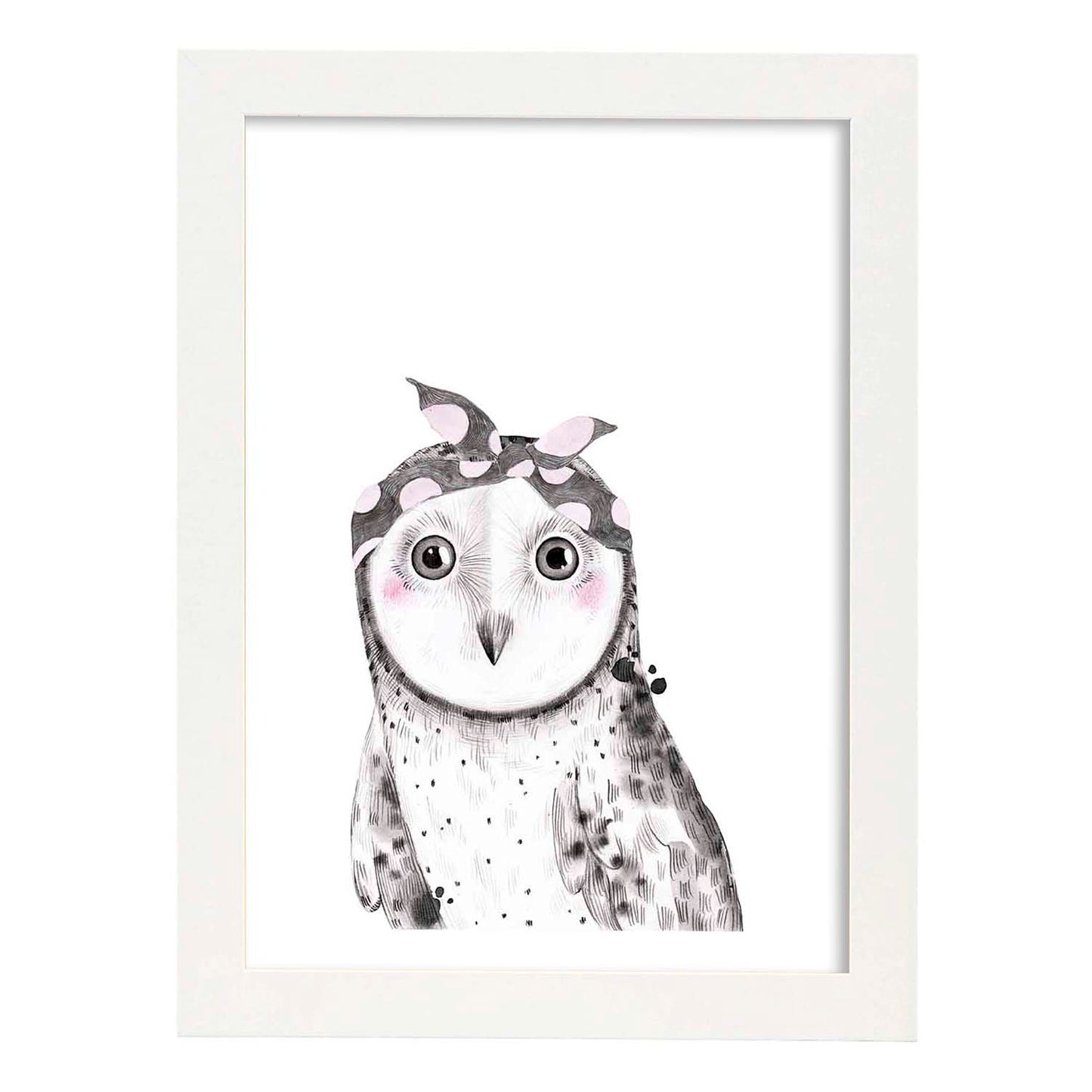 Lámina infantil Buho bebe con pañuelo gris y rosa Poster animales infantiles-Artwork-Nacnic-A3-Marco Blanco-Nacnic Estudio SL