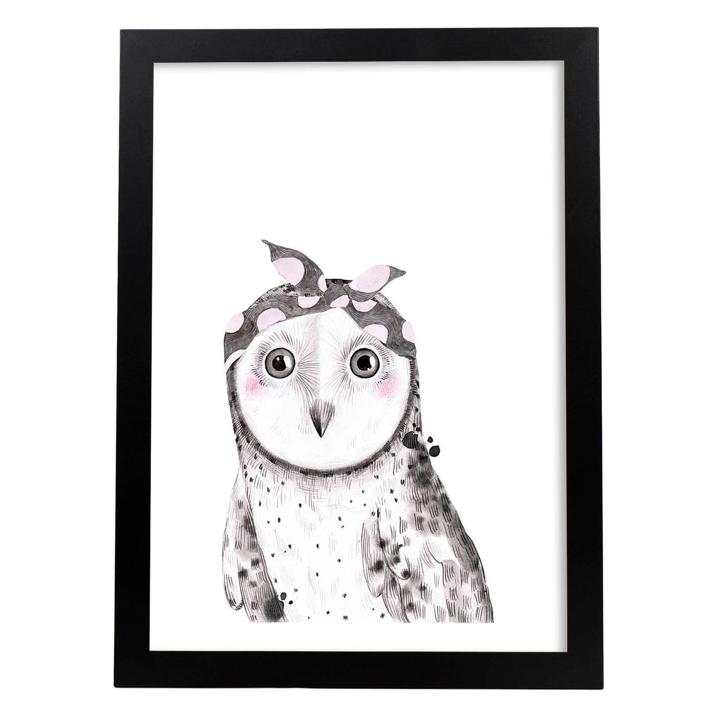 Lámina infantil Buho bebe con pañuelo gris y rosa Poster animales infantiles-Artwork-Nacnic-A3-Marco Negro-Nacnic Estudio SL