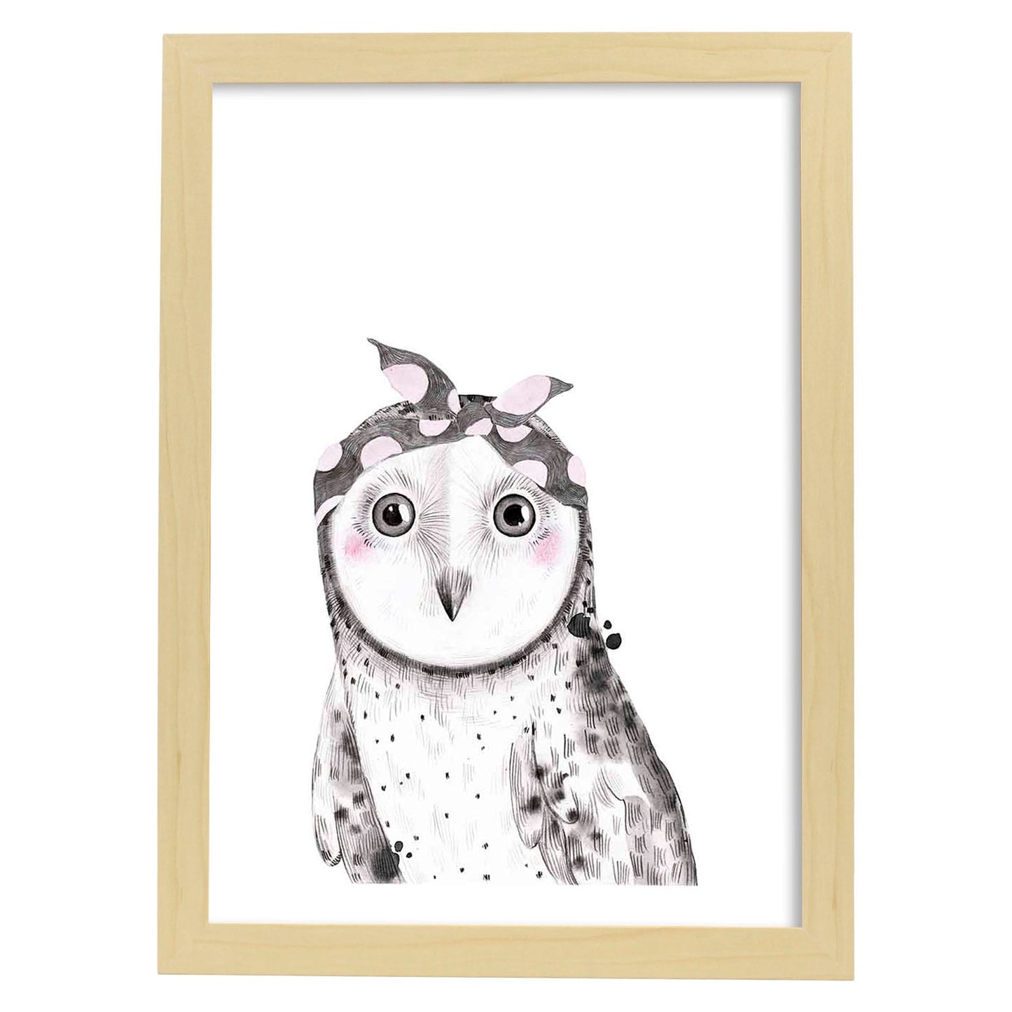Lámina infantil Buho bebe con pañuelo gris y rosa Poster animales infantiles-Artwork-Nacnic-A4-Marco Madera clara-Nacnic Estudio SL