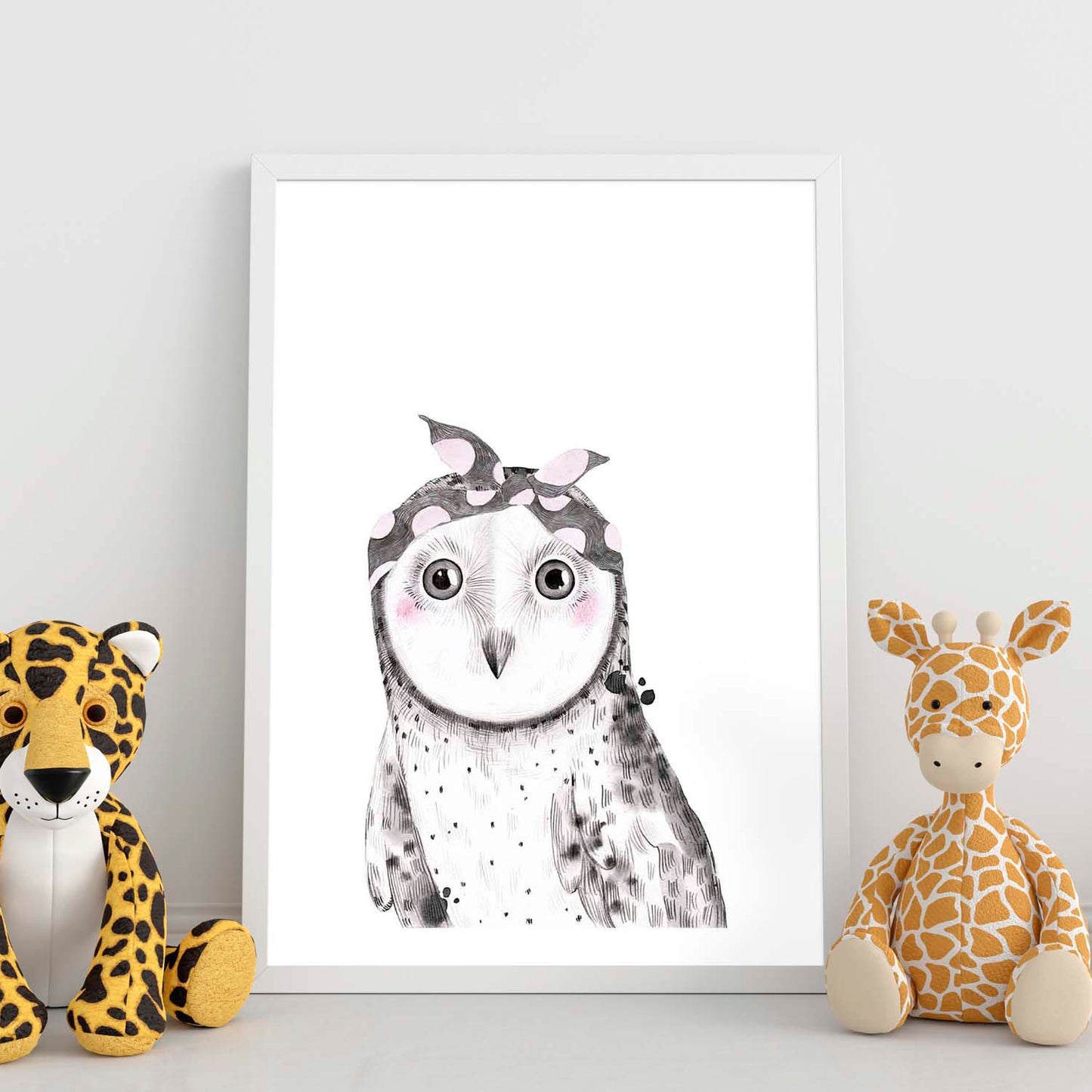 Lámina infantil Buho bebe con pañuelo gris y rosa Poster animales infantiles-Artwork-Nacnic-Nacnic Estudio SL