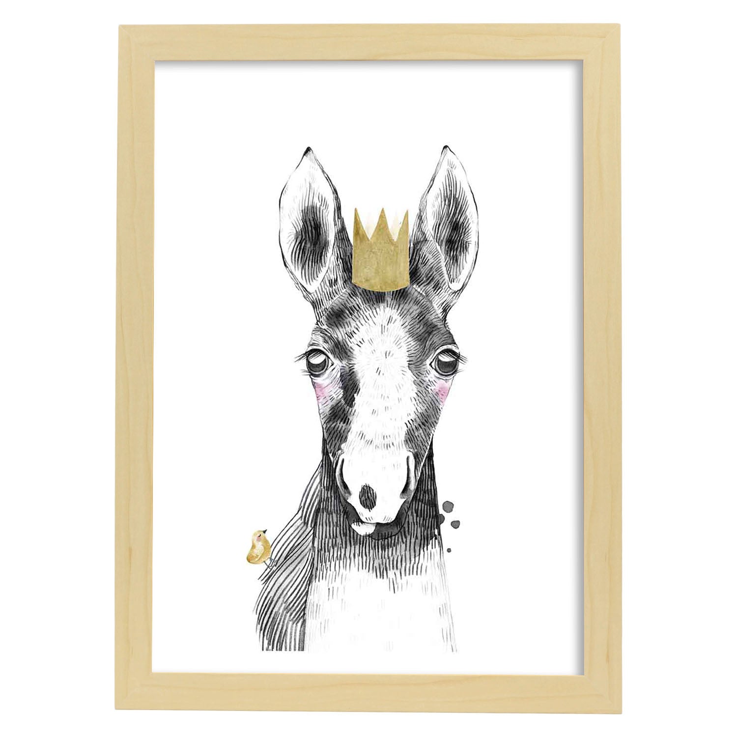 Lámina infantil Caballo bebe con corona dorada Poster aminales infantiles-Artwork-Nacnic-A4-Marco Madera clara-Nacnic Estudio SL