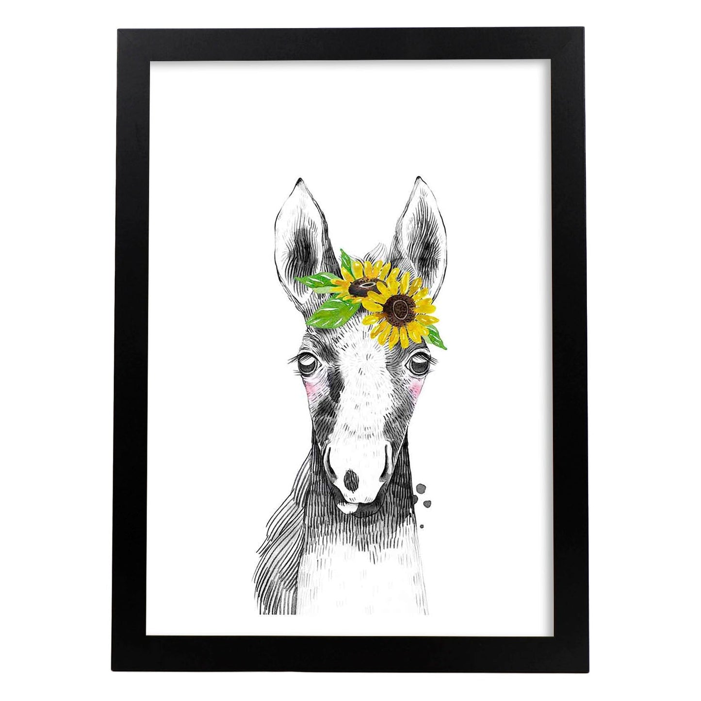 Lámina infantil Caballo bebe con flores Poster aminales infantiles-Artwork-Nacnic-A3-Marco Negro-Nacnic Estudio SL