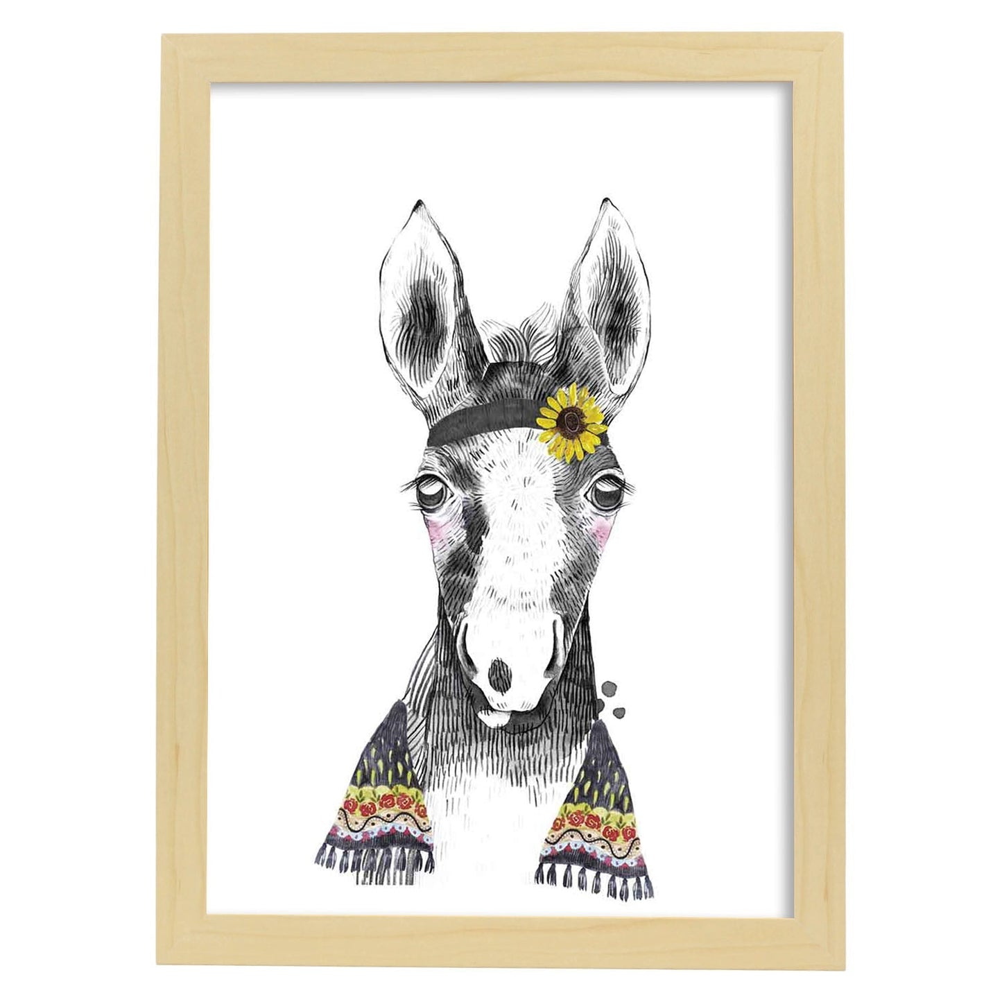 Lámina infantil Caballo bebe con pañuelo y flores poster animales infantiles-Artwork-Nacnic-A3-Marco Madera clara-Nacnic Estudio SL