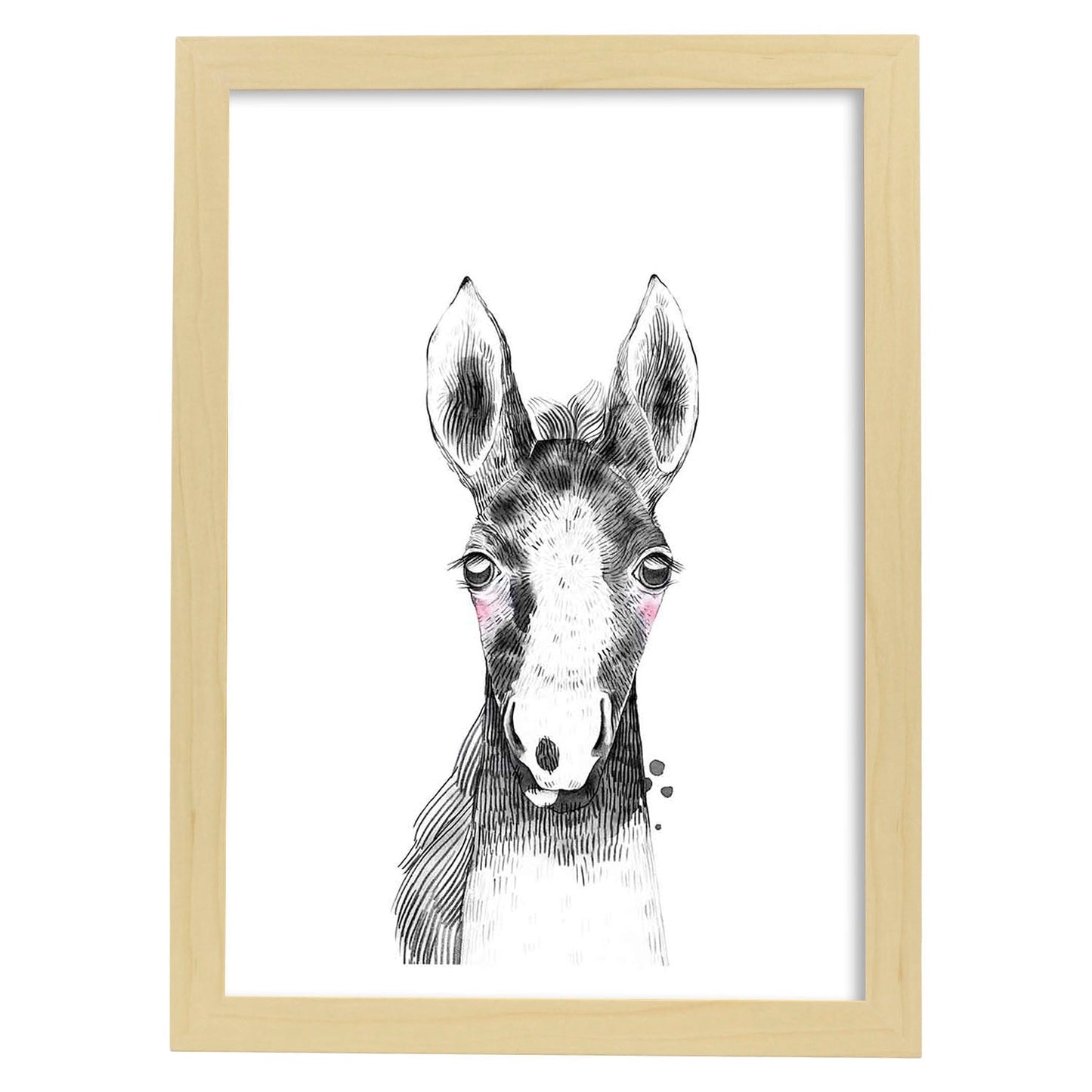 Lámina infantil Caballo bebe en blanco y negro poster animales infantiles-Artwork-Nacnic-A4-Marco Madera clara-Nacnic Estudio SL