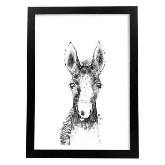Lámina infantil Caballo bebe en blanco y negro Poster infantil-Artwork-Nacnic-A4-Marco Negro-Nacnic Estudio SL