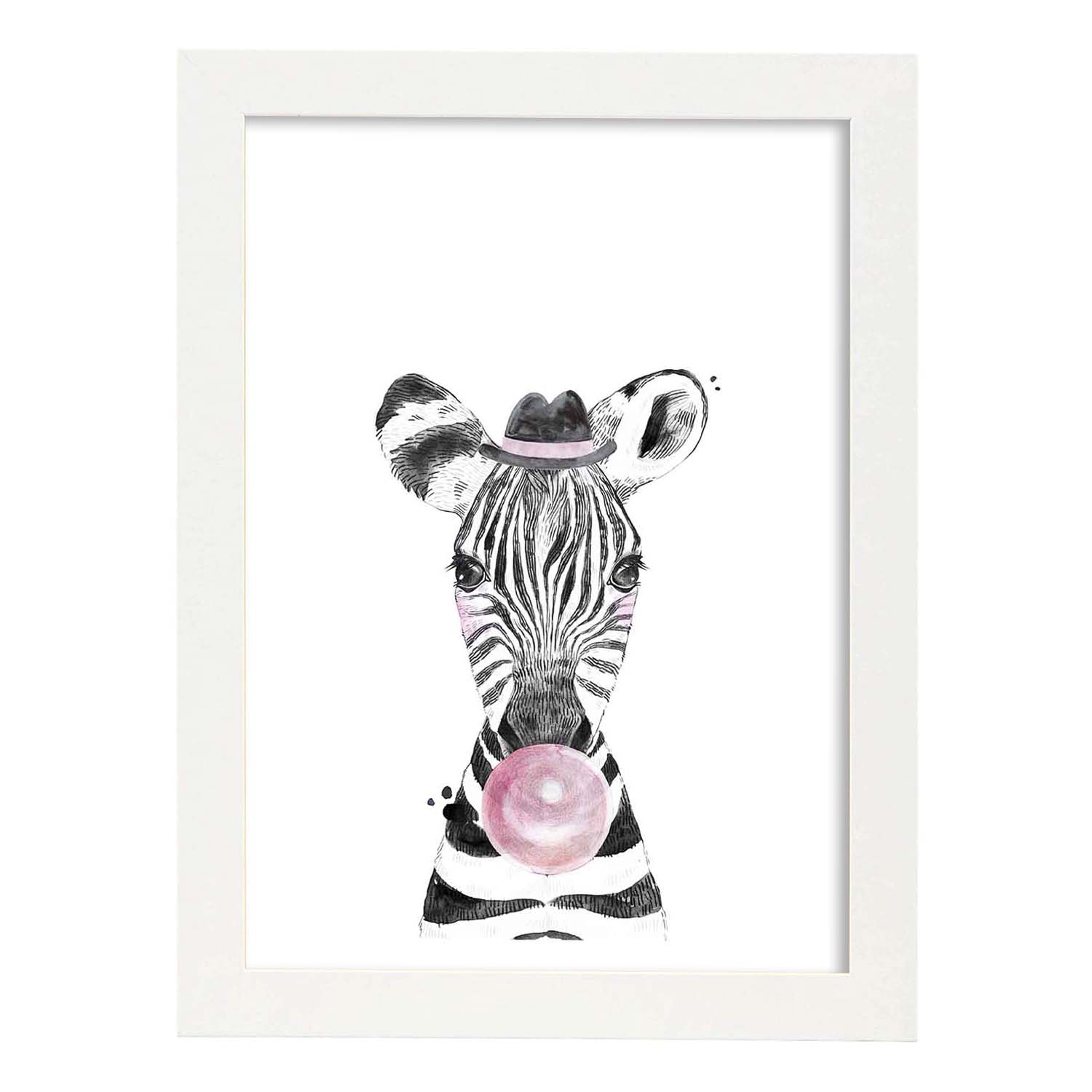 Lámina infantil Cebra infantil comiendo chicle Poster animales infantiles-Artwork-Nacnic-A3-Marco Blanco-Nacnic Estudio SL