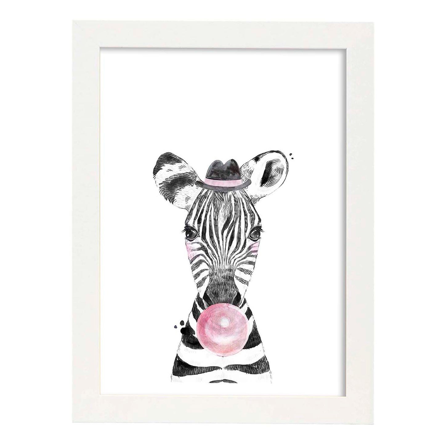 Lámina infantil Cebra infantil comiendo chicle Poster animales infantiles-Artwork-Nacnic-A4-Marco Blanco-Nacnic Estudio SL