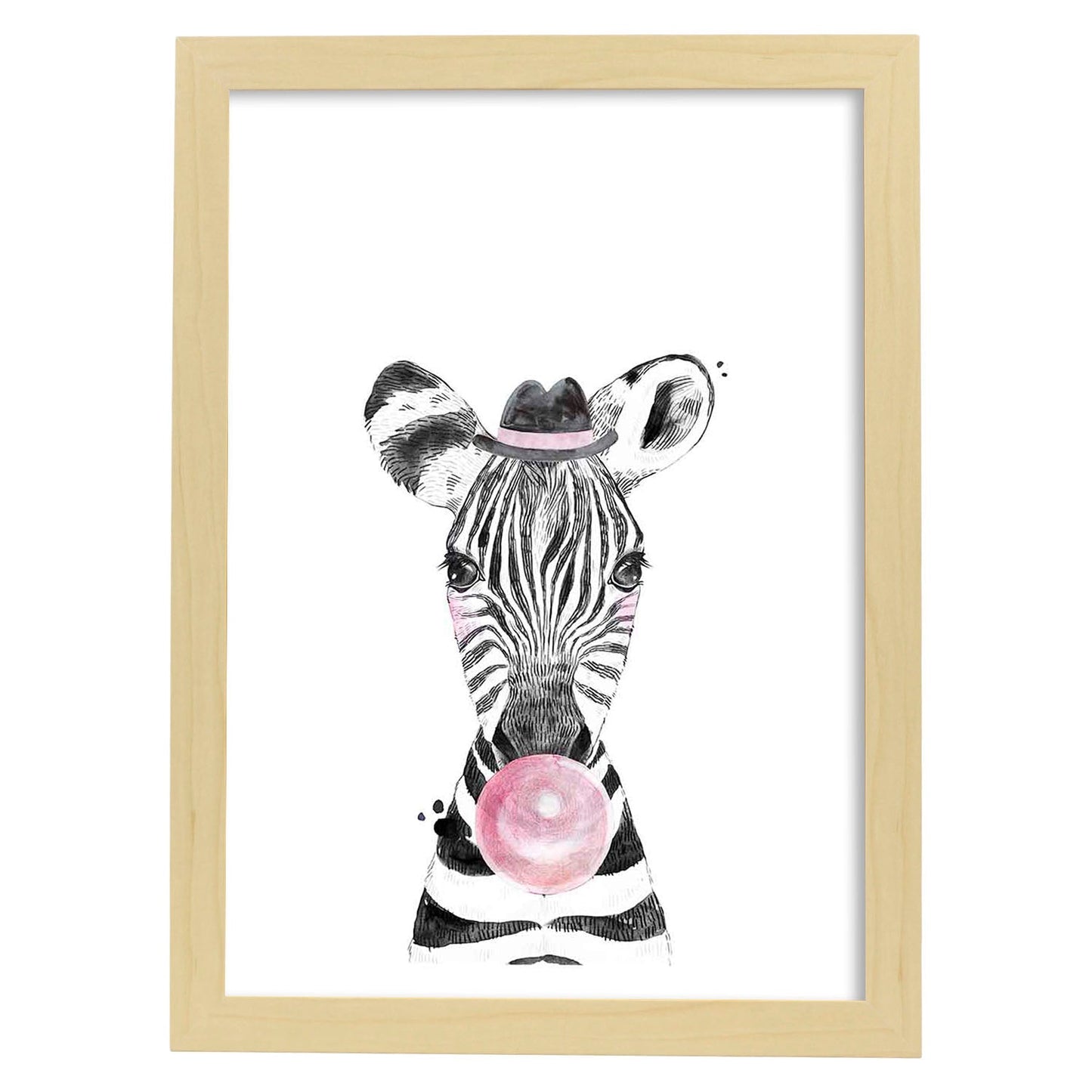 Lámina infantil Cebra infantil comiendo chicle Poster animales infantiles-Artwork-Nacnic-A4-Marco Madera clara-Nacnic Estudio SL