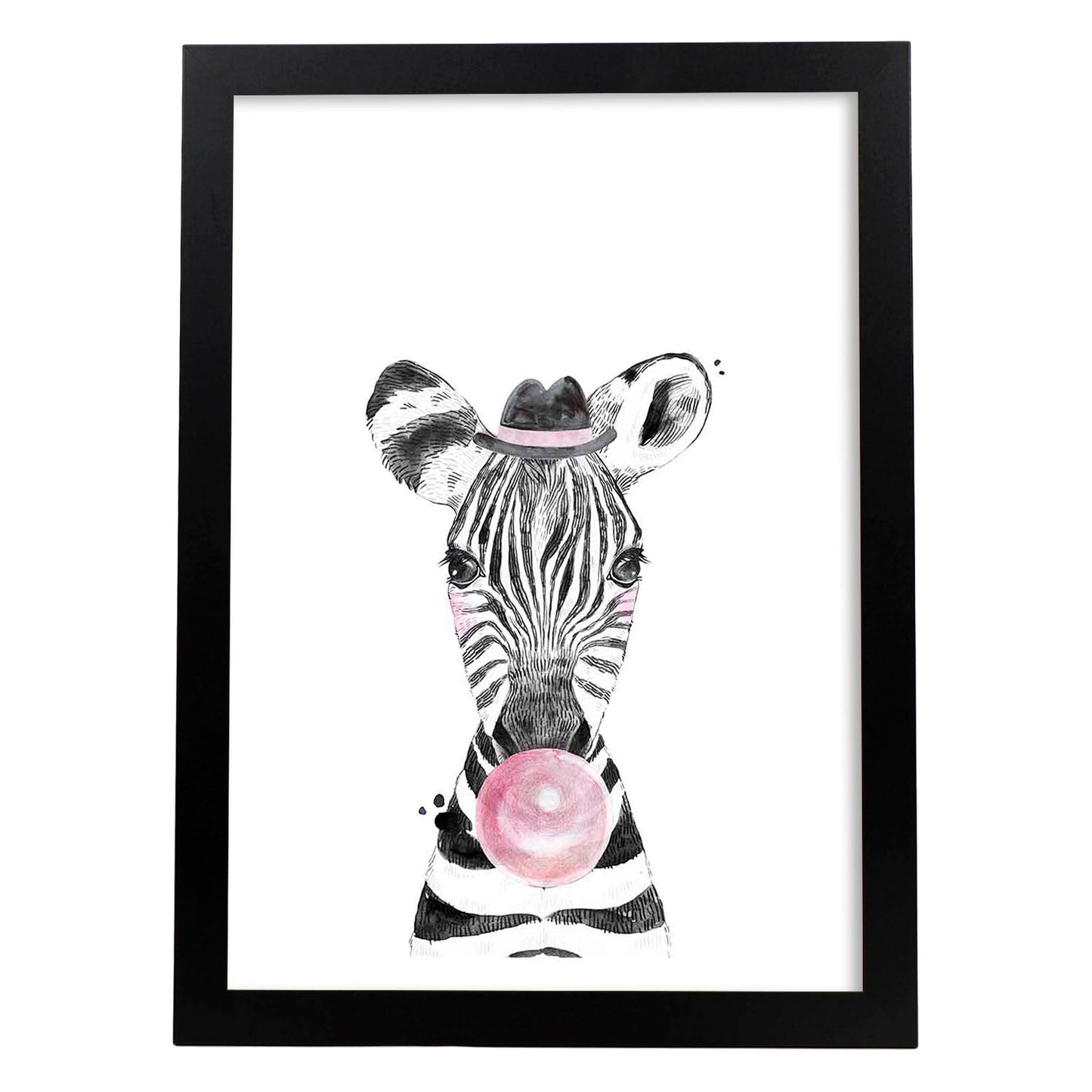 Lámina infantil Cebra infantil comiendo chicle Poster animales infantiles-Artwork-Nacnic-A4-Marco Negro-Nacnic Estudio SL