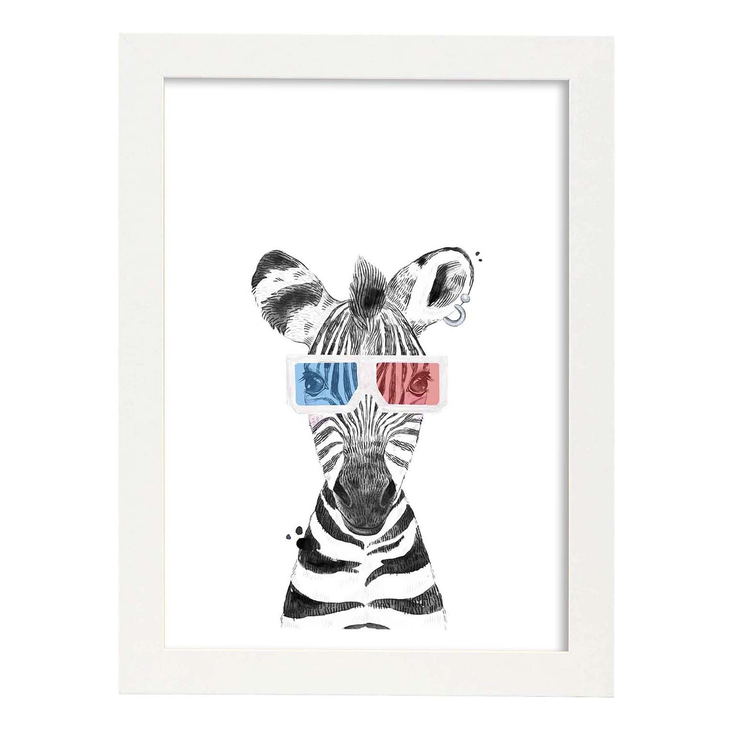 Lámina infantil Cebra infantil en cine 3D Poster animales infantiles-Artwork-Nacnic-A4-Marco Blanco-Nacnic Estudio SL