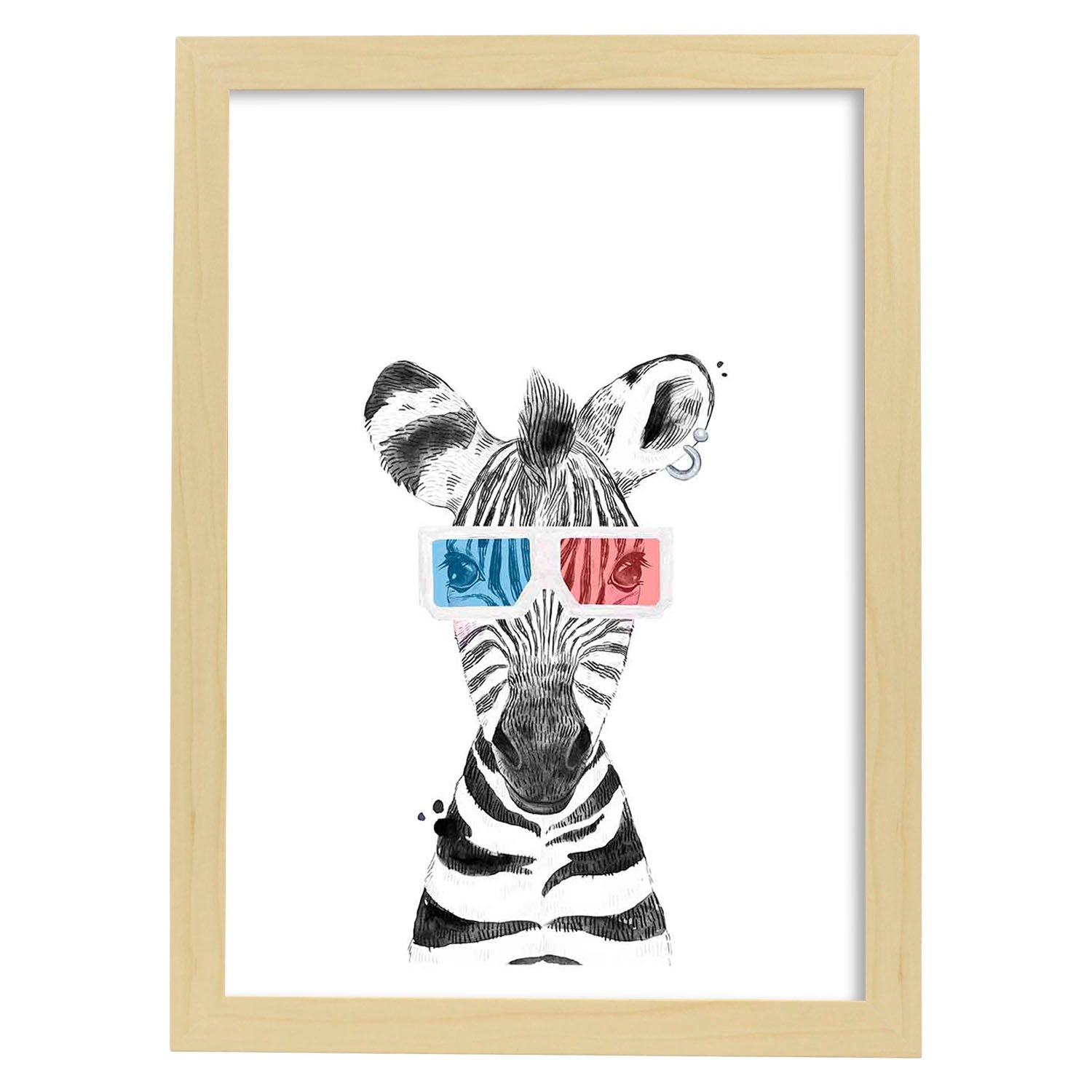 Lámina infantil Cebra infantil en cine 3D Poster animales infantiles-Artwork-Nacnic-A4-Marco Madera clara-Nacnic Estudio SL
