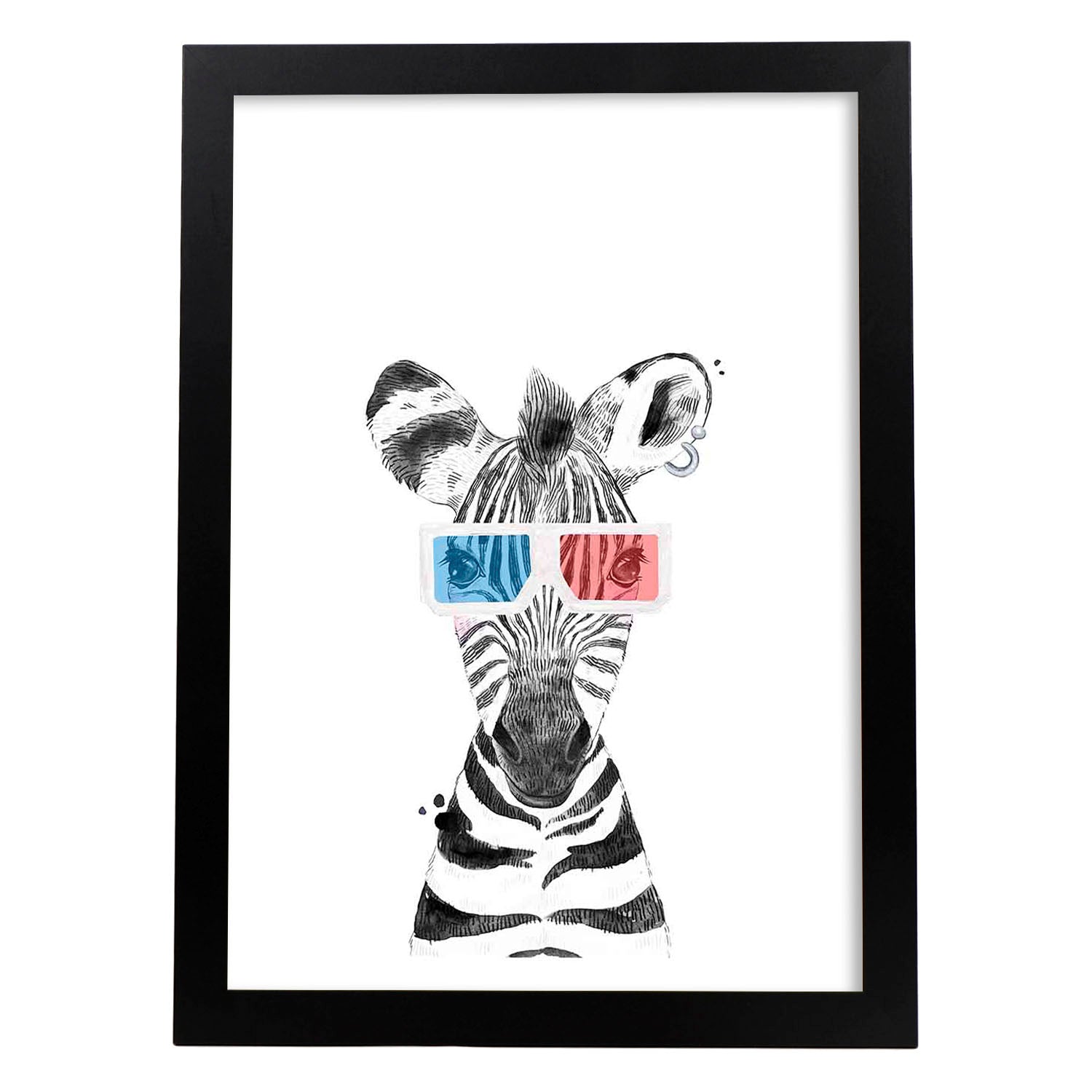 Lámina infantil Cebra infantil en cine 3D Poster animales infantiles-Artwork-Nacnic-A4-Marco Negro-Nacnic Estudio SL