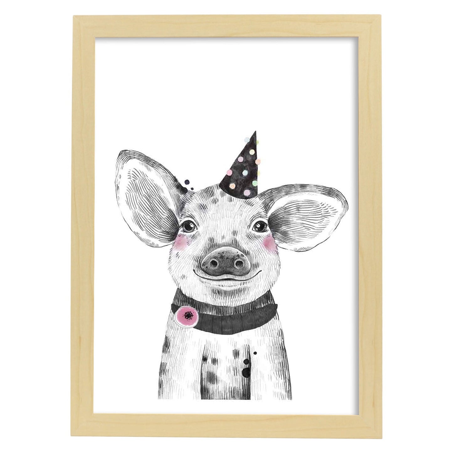 Lámina infantil Cerdo bebe con gorro de fiesta poster animales infantiles-Artwork-Nacnic-A3-Marco Madera clara-Nacnic Estudio SL