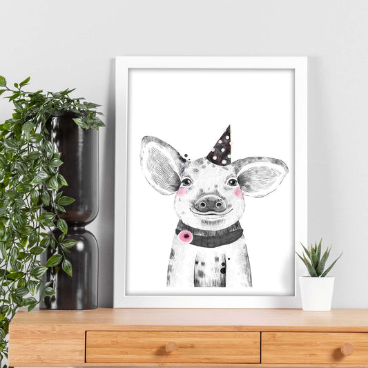Lámina infantil Cerdo bebe con gorro de fiesta poster animales infantiles-Artwork-Nacnic-Nacnic Estudio SL