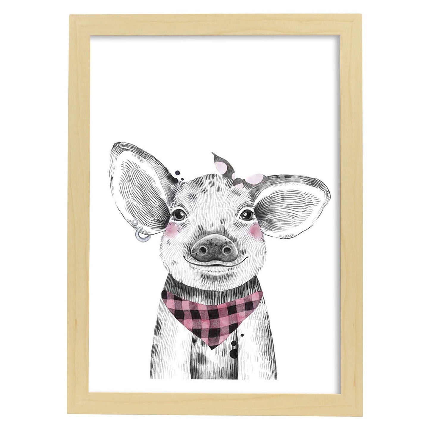 Lámina infantil Cerdo con bandana y pañuelo poster animales infantiles-Artwork-Nacnic-A3-Marco Madera clara-Nacnic Estudio SL