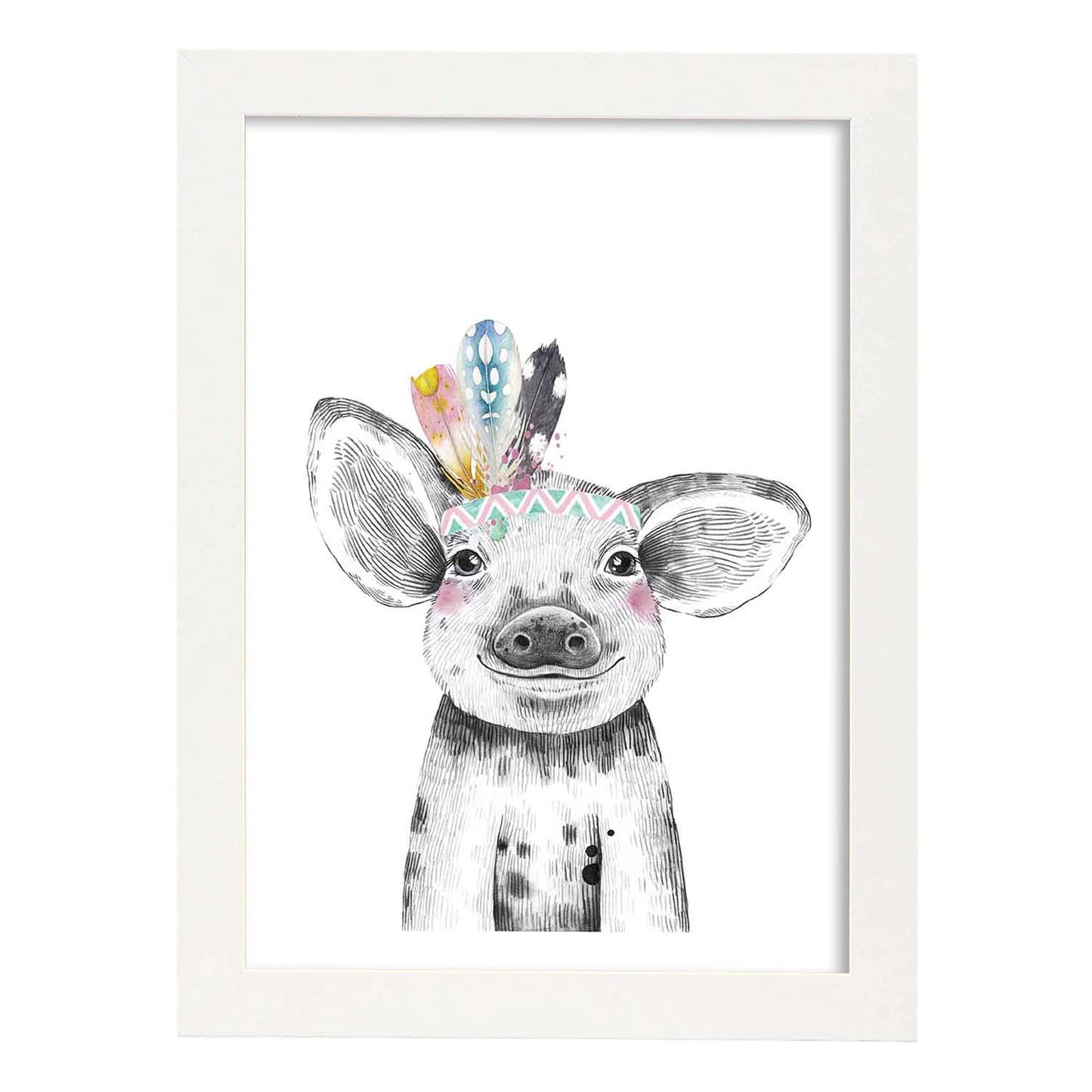 Lámina infantil Cerdo con plumas de colores poster animales infantiles-Artwork-Nacnic-A4-Marco Blanco-Nacnic Estudio SL