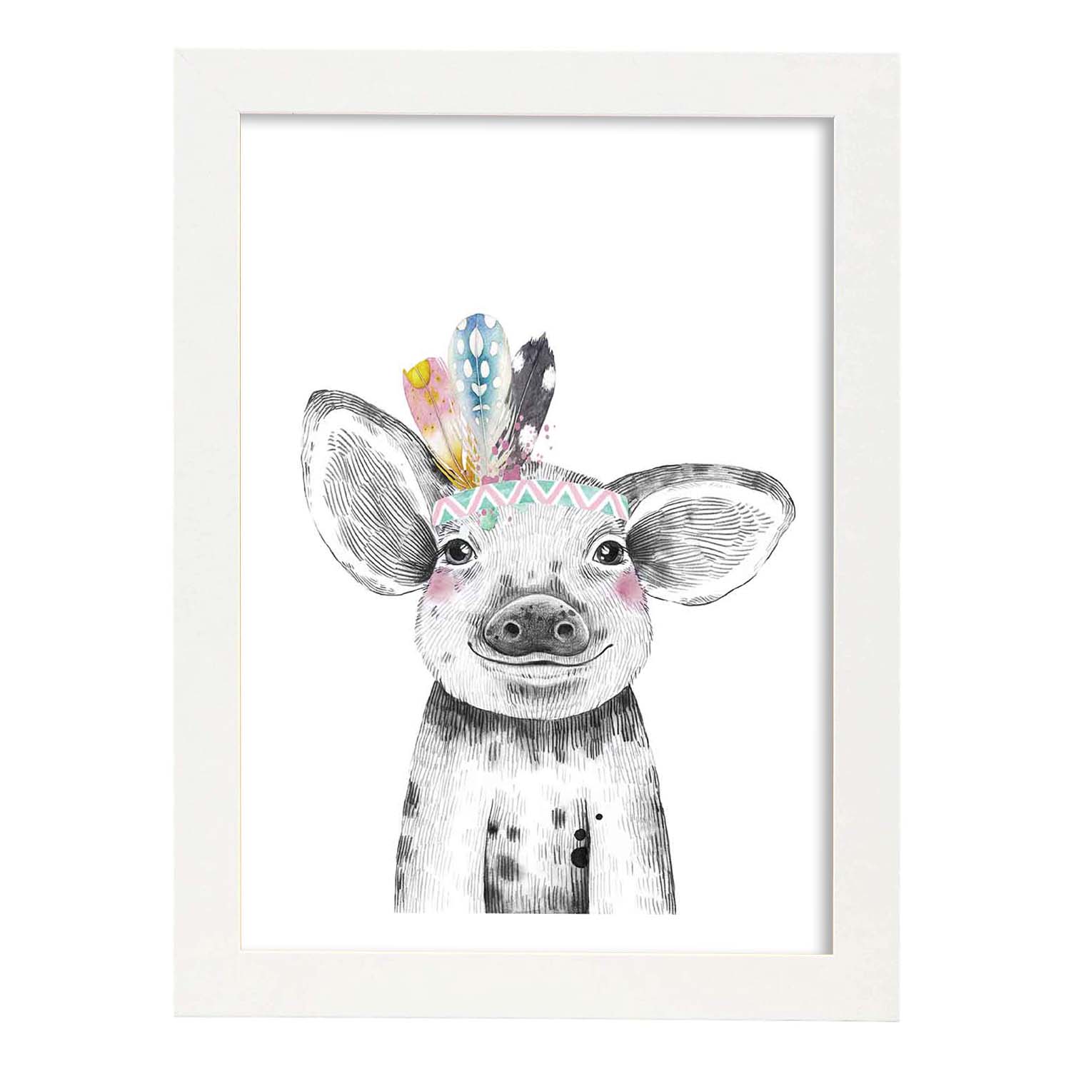 Lámina infantil Cerdo con plumas de colores poster animales infantiles-Artwork-Nacnic-A4-Marco Blanco-Nacnic Estudio SL