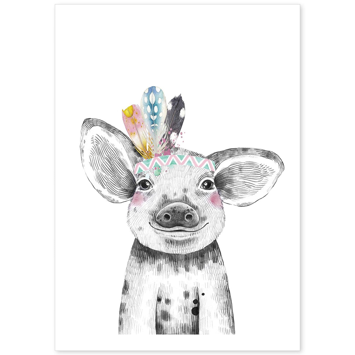 Lámina infantil Cerdo con plumas de colores poster animales infantiles-Artwork-Nacnic-A4-Sin marco-Nacnic Estudio SL