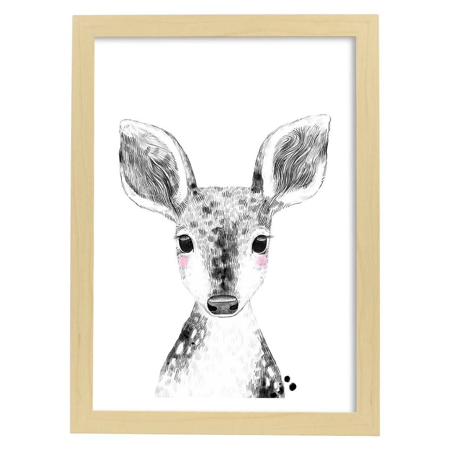 Lámina infantil Ciervo bebe blanco y negro poster animales infantiles-Artwork-Nacnic-A4-Marco Madera clara-Nacnic Estudio SL