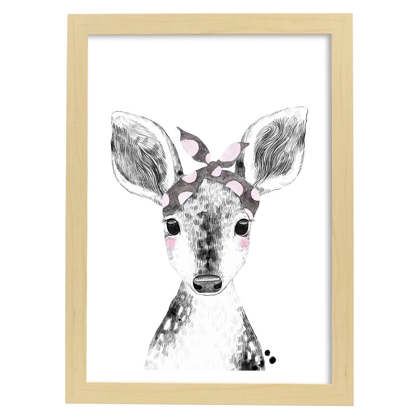 Lámina infantil Ciervo bebe con pañuelo en la cabeza poster animales infantiles-Artwork-Nacnic-A4-Marco Madera clara-Nacnic Estudio SL