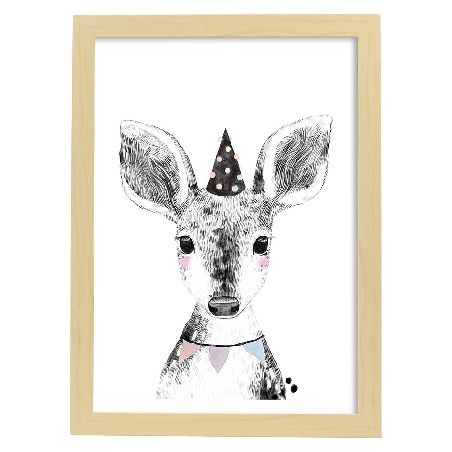 Lámina infantil Ciervo bebe de fiesta poster animales infantiles-Artwork-Nacnic-A3-Marco Madera clara-Nacnic Estudio SL