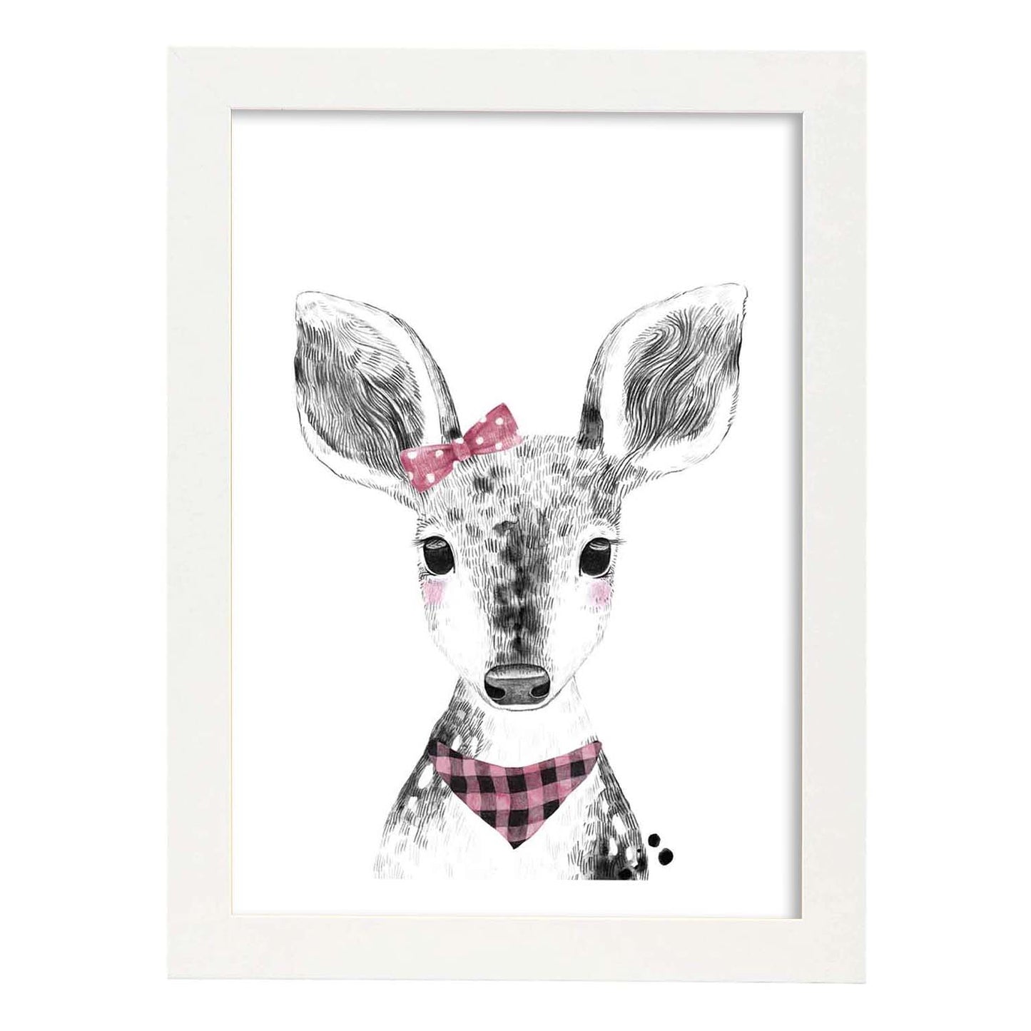 Lámina infantil Ciervo bebe pañuelo y lazo rosa poster animales infantiles-Artwork-Nacnic-A3-Marco Blanco-Nacnic Estudio SL