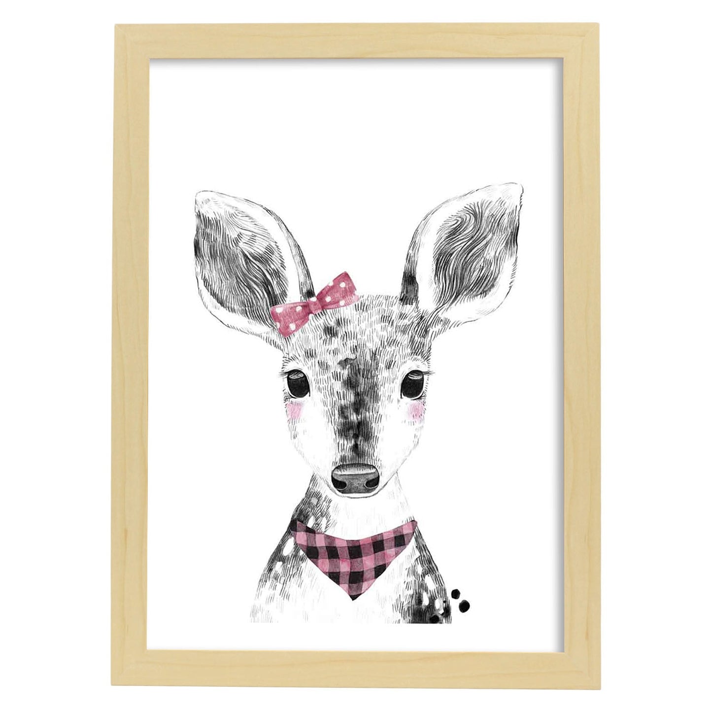 Lámina infantil Ciervo bebe pañuelo y lazo rosa poster animales infantiles-Artwork-Nacnic-A3-Marco Madera clara-Nacnic Estudio SL