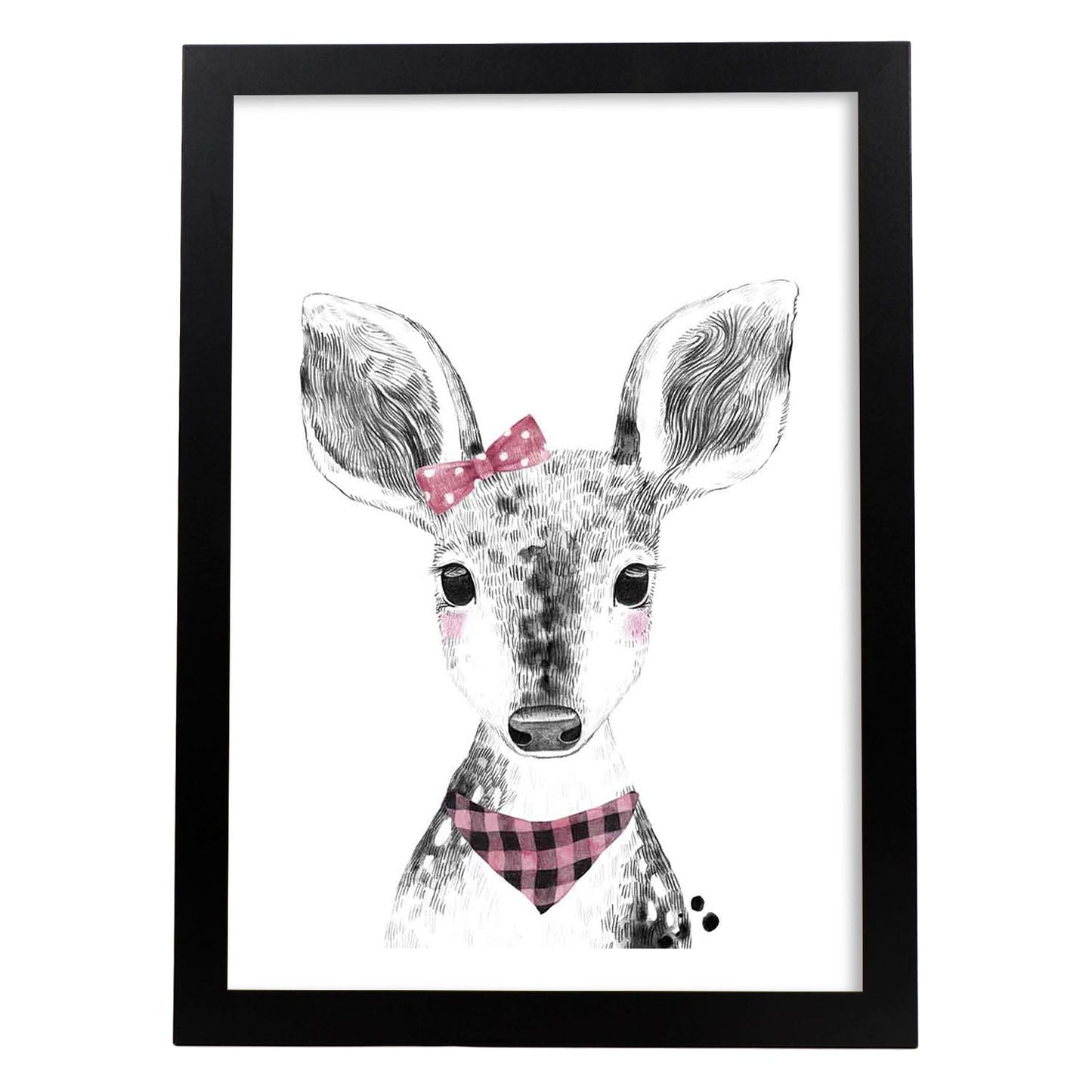 Lámina infantil Ciervo bebe pañuelo y lazo rosa poster animales infantiles-Artwork-Nacnic-A4-Marco Negro-Nacnic Estudio SL