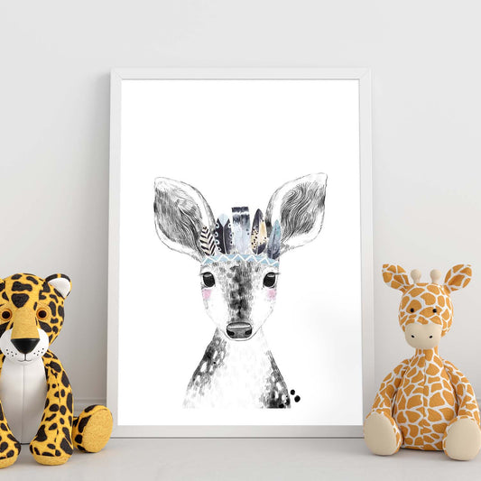 Lámina infantil Ciervo bebe plumas azules poster animales infantiles-Artwork-Nacnic-Nacnic Estudio SL