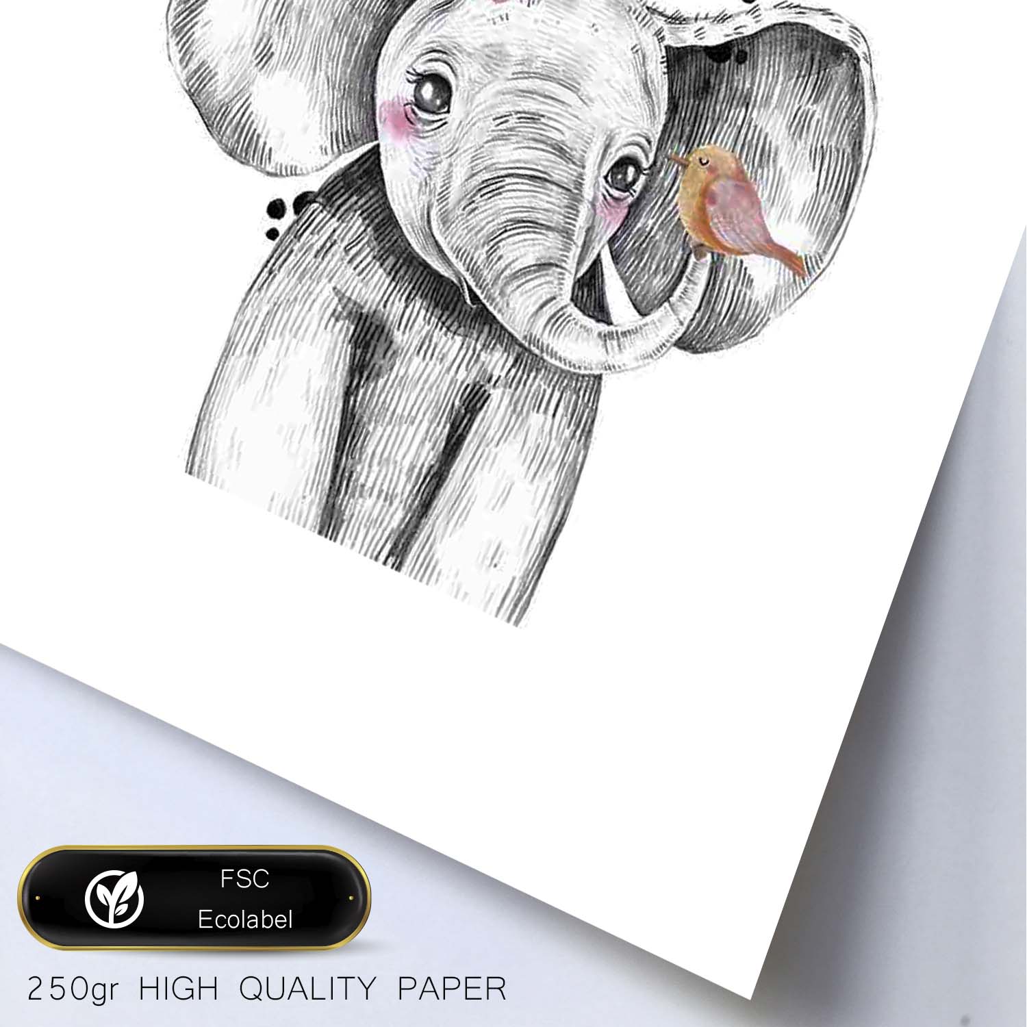 Lámina infantil Elefante infantil con flor y pajaro Poster animales infantiles-Artwork-Nacnic-Nacnic Estudio SL
