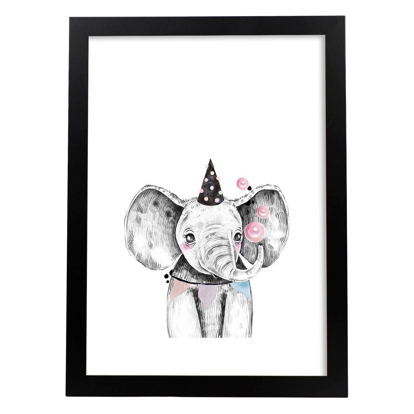Lámina infantil Elefante infantil de fiesta Poster animales infantiles-Artwork-Nacnic-A3-Marco Negro-Nacnic Estudio SL