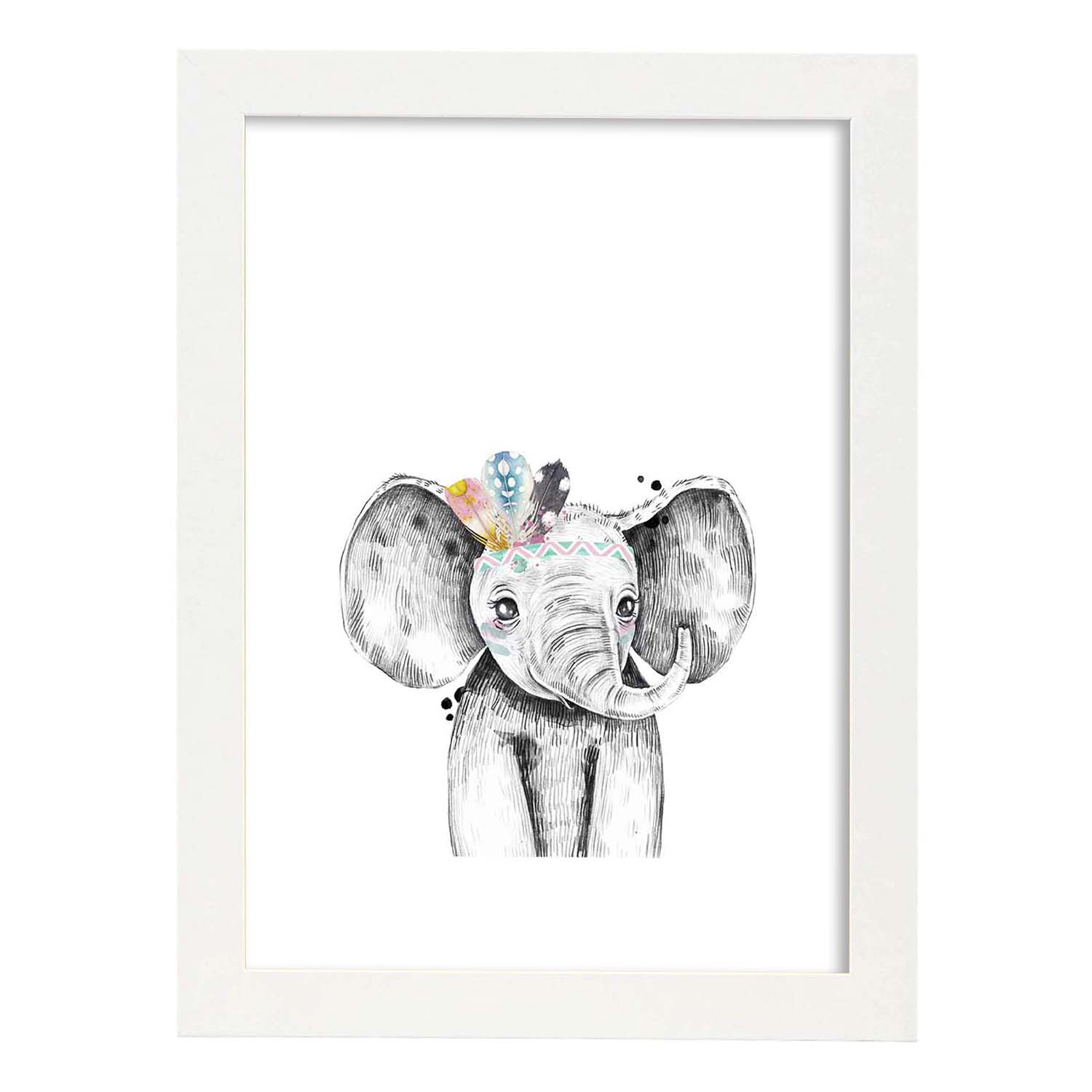 Lámina infantil Elefante infantil plumas en la cabeza Poster animales infantiles-Artwork-Nacnic-A4-Marco Blanco-Nacnic Estudio SL