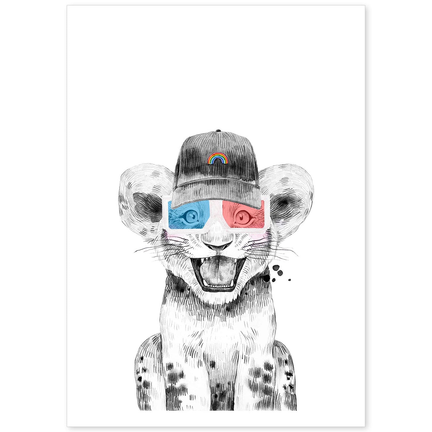 Lámina infantil Leon infantil con gorra y gafas 3D poster animales infantiles-Artwork-Nacnic-A4-Sin marco-Nacnic Estudio SL