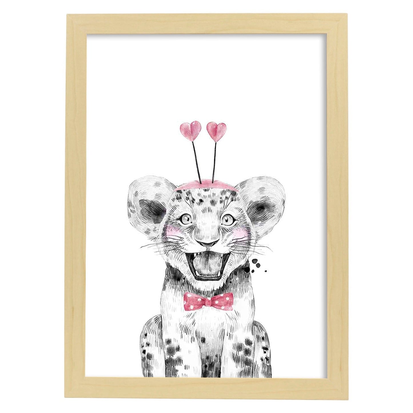 Lámina infantil Leon infantil con pajarita y sombrero poster animales infantiles-Artwork-Nacnic-A3-Marco Madera clara-Nacnic Estudio SL