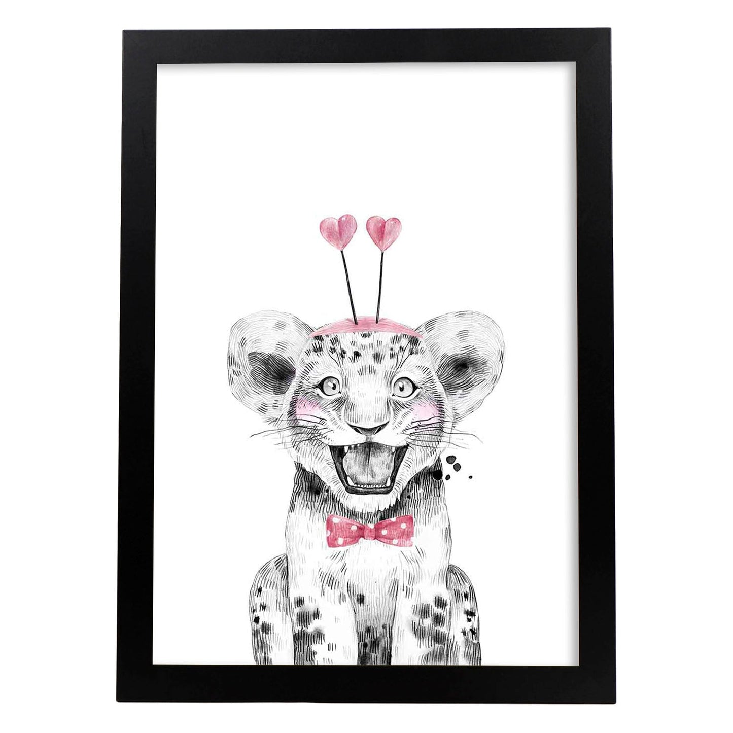 Lámina infantil Leon infantil con pajarita y sombrero poster animales infantiles-Artwork-Nacnic-A4-Marco Negro-Nacnic Estudio SL