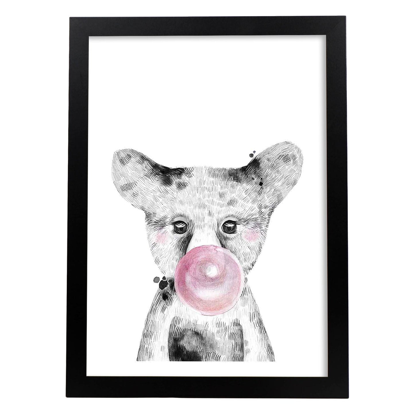 Lámina infantil Oso bebe con chicle rosa Poster animales infantiles-Artwork-Nacnic-A4-Marco Negro-Nacnic Estudio SL