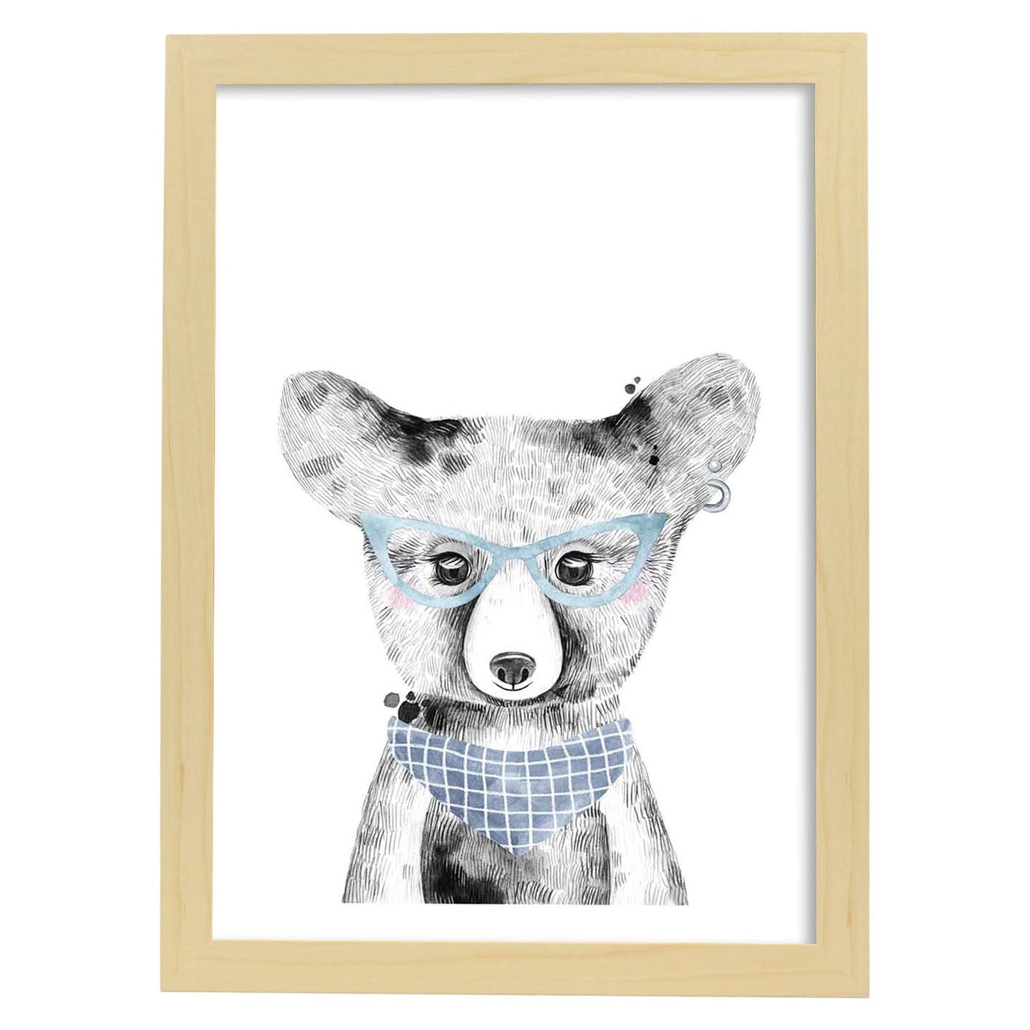 Lámina infantil Oso bebe con gafas azules y bandana Poster animales infantiles-Artwork-Nacnic-A4-Marco Madera clara-Nacnic Estudio SL