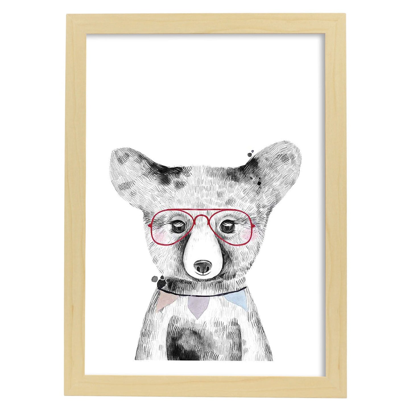 Lámina infantil Oso bebe con gafas rojas Poster animales infantiles-Artwork-Nacnic-A4-Marco Madera clara-Nacnic Estudio SL