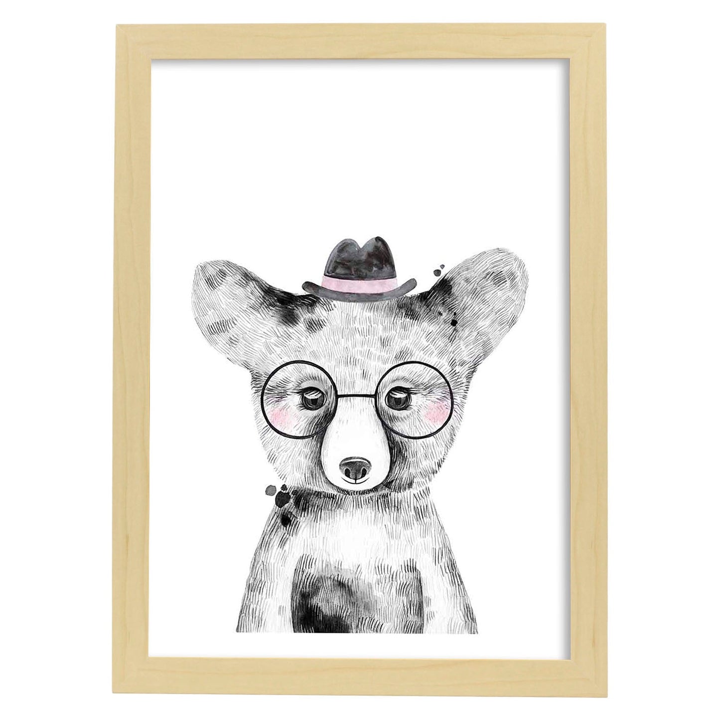 Lámina infantil Oso bebe con gafas y sombrero Poster animales infantiles-Artwork-Nacnic-A3-Marco Madera clara-Nacnic Estudio SL