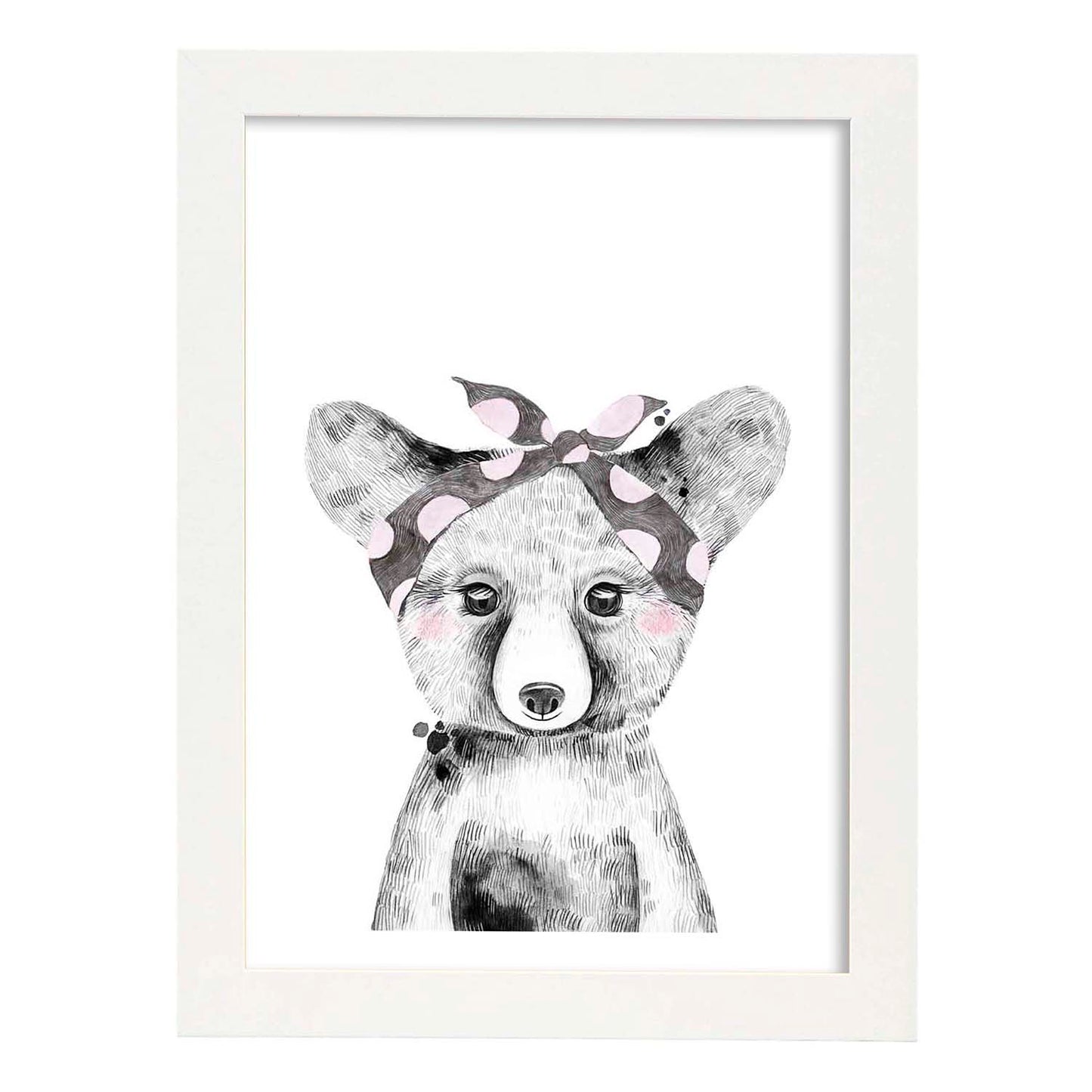 Lámina infantil Oso bebe con panuelo gris y rosa Poster animales infantiles-Artwork-Nacnic-A3-Marco Blanco-Nacnic Estudio SL