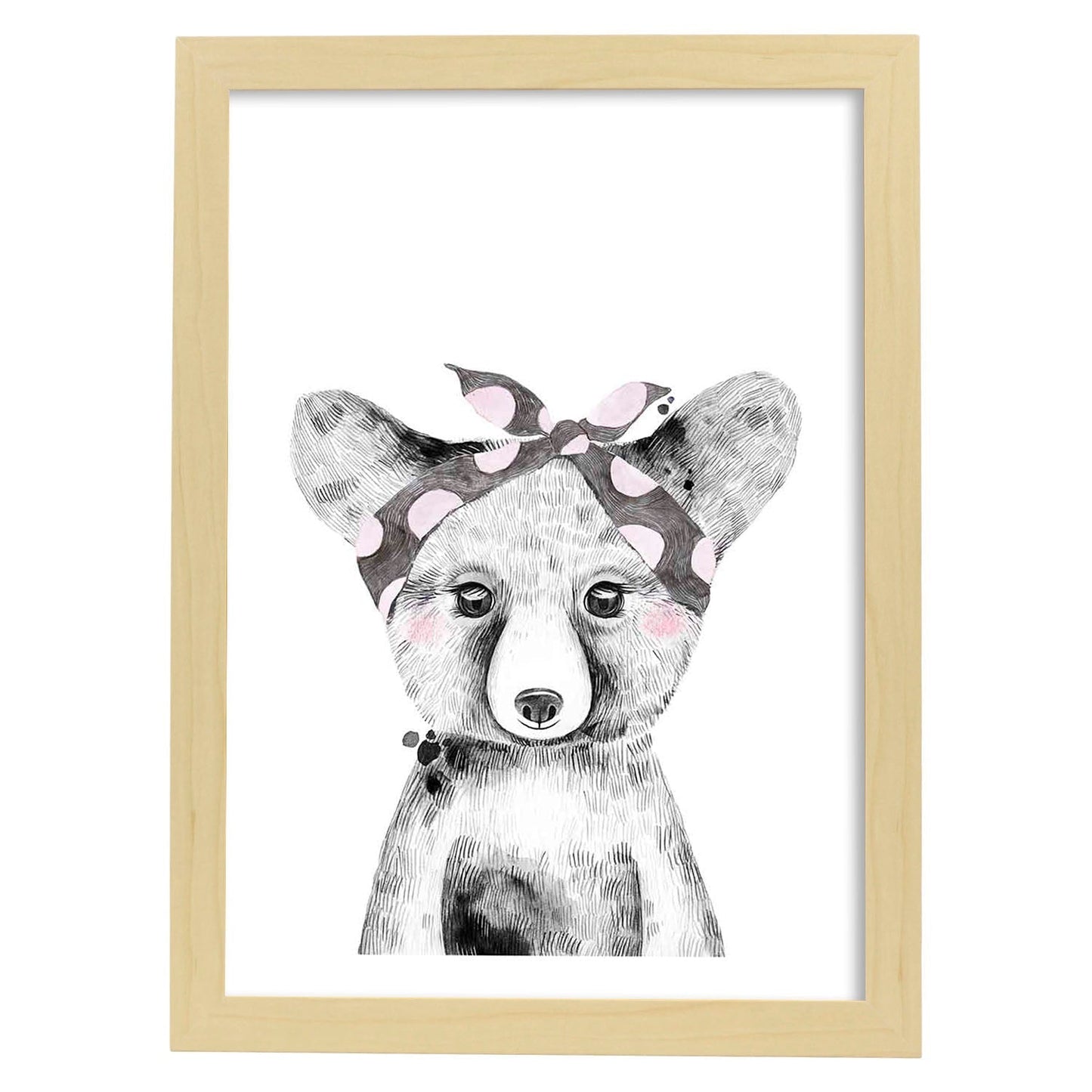 Lámina infantil Oso bebe con panuelo gris y rosa Poster animales infantiles-Artwork-Nacnic-A4-Marco Madera clara-Nacnic Estudio SL