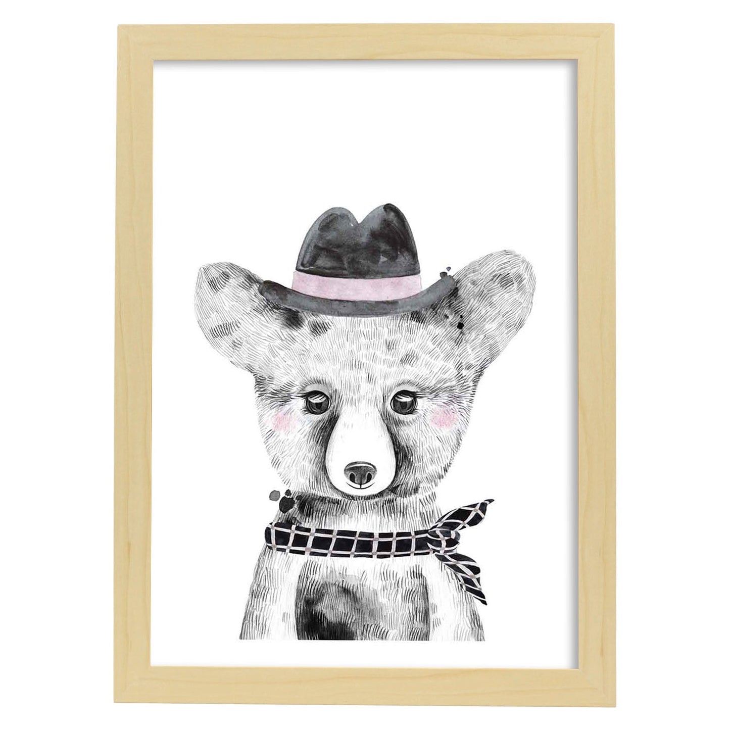 Lámina infantil Oso bebe con sombrero y pañuelo Poster animales infantiles-Artwork-Nacnic-A3-Marco Madera clara-Nacnic Estudio SL