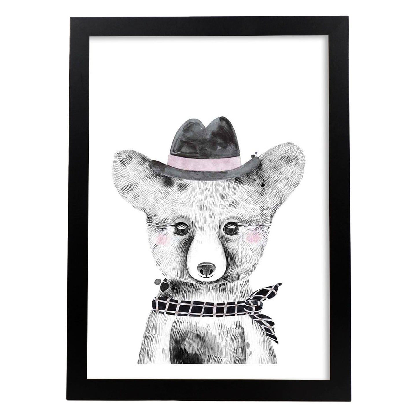Lámina infantil Oso bebe con sombrero y pañuelo Poster animales infantiles-Artwork-Nacnic-A4-Marco Negro-Nacnic Estudio SL